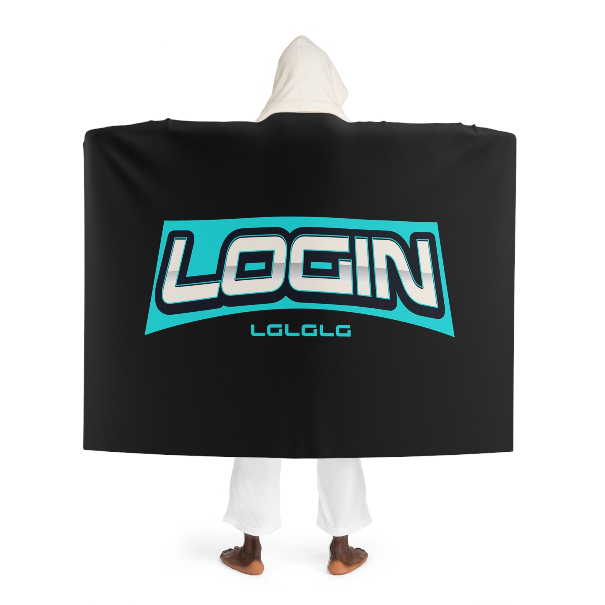 Hooded Sherpa Blanket — "LOGIN" Black & Teal Fleece Throw with Hood