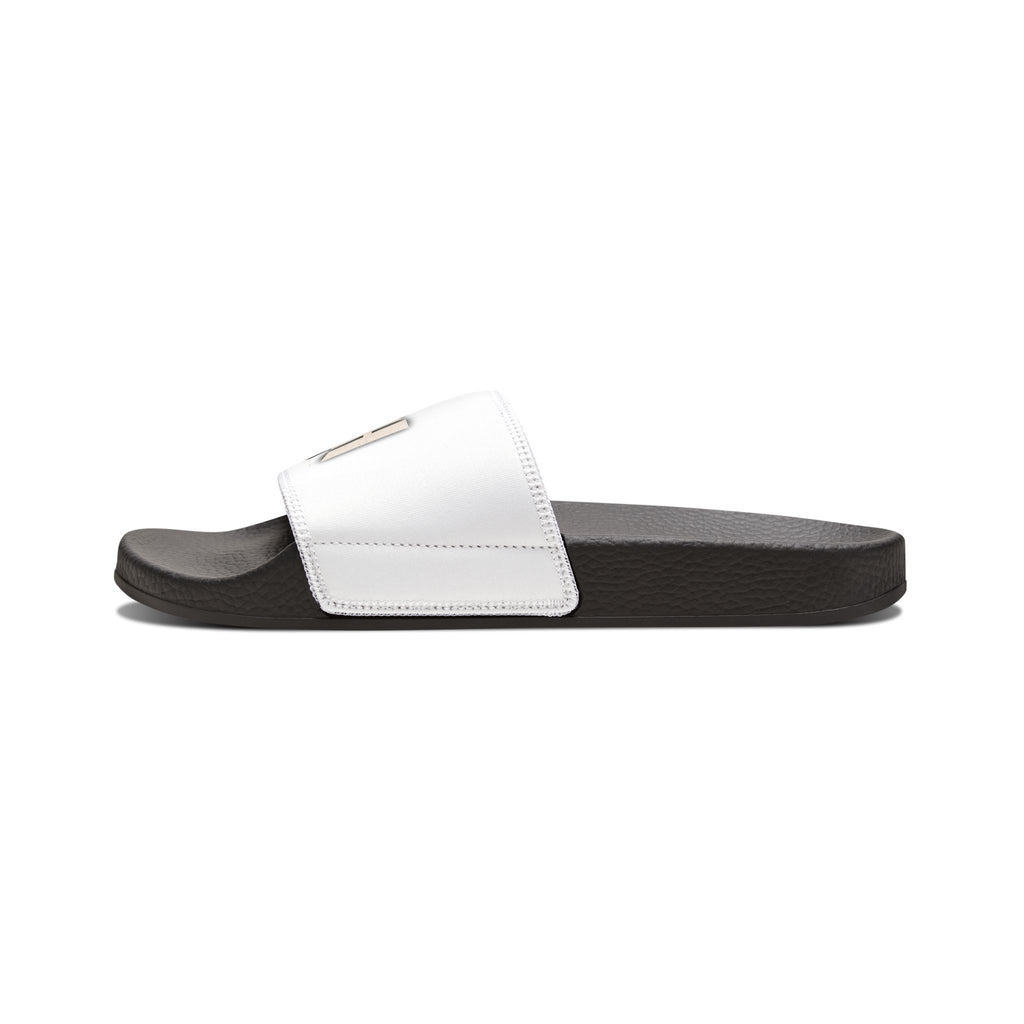 Mens Slide Sandals — White ‘Log it out’ Bold Graphic Strap Slides