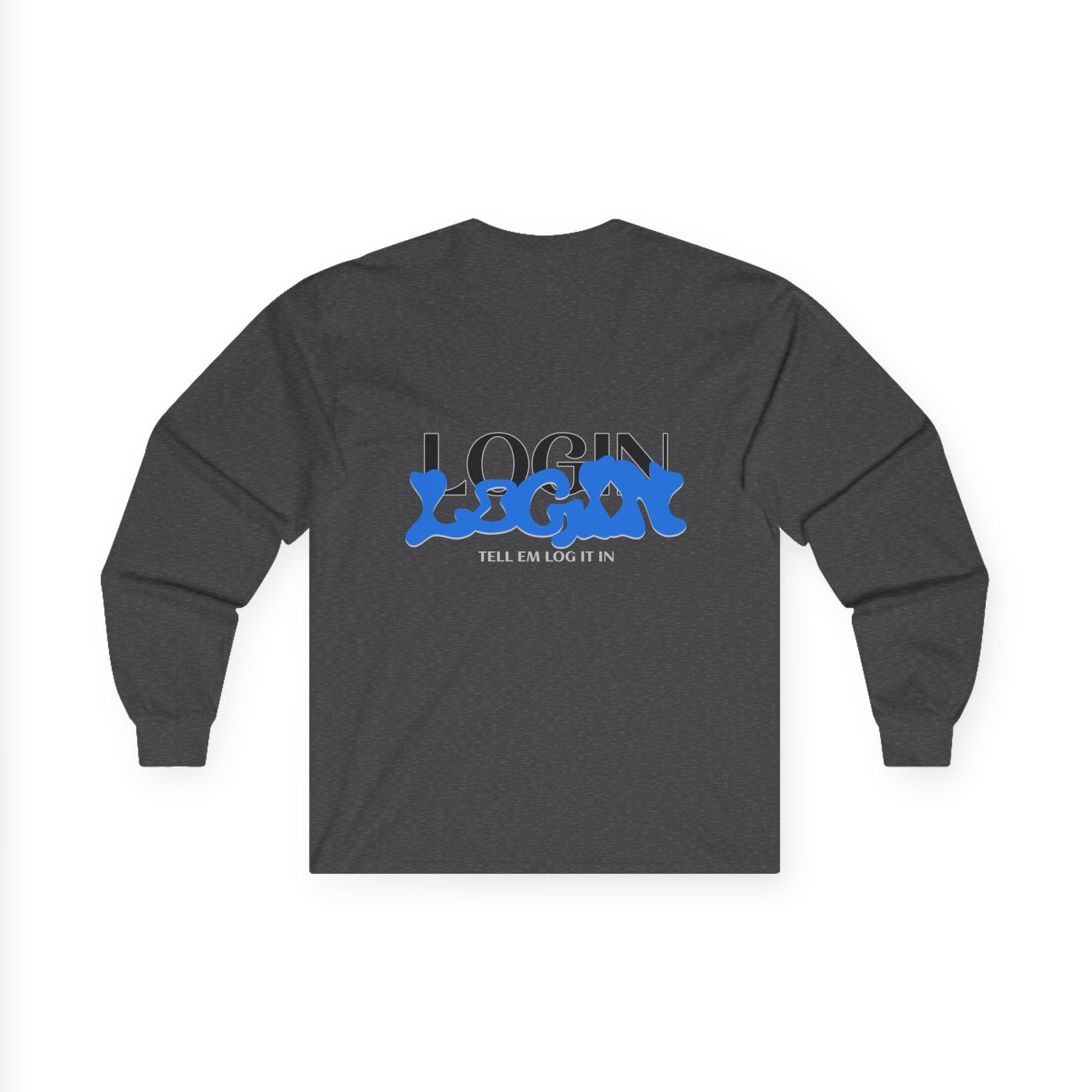 Long Sleeve Tee — "Login" Blue Script Graphic