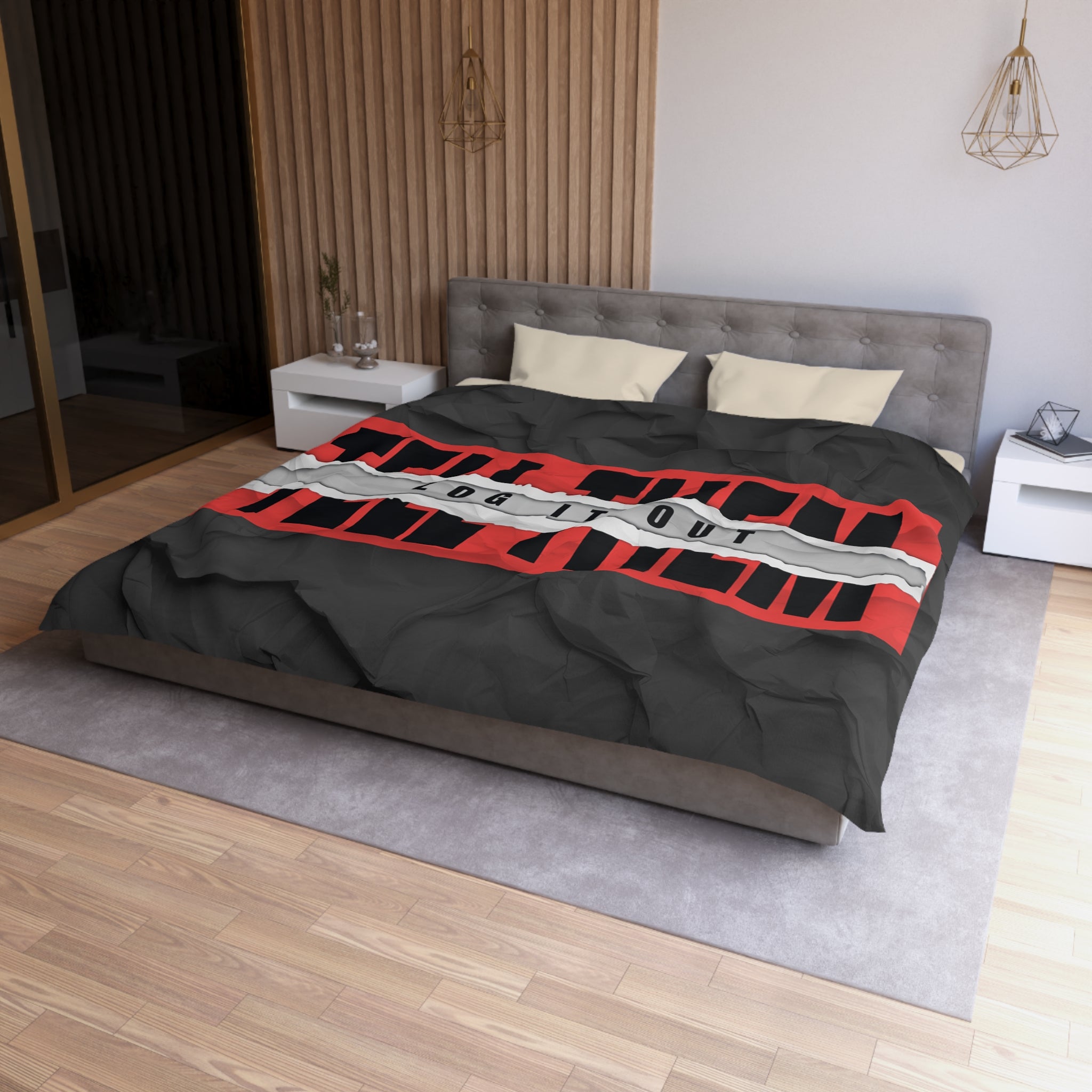 Duvet Cover — Bold 'Log It Out' Graphic Microfiber Duvet (Crinkled Black & Red)