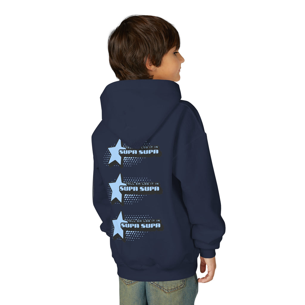 Youth Hoodie — Blue Star "SUPA SUPA" Graphic Pullover
