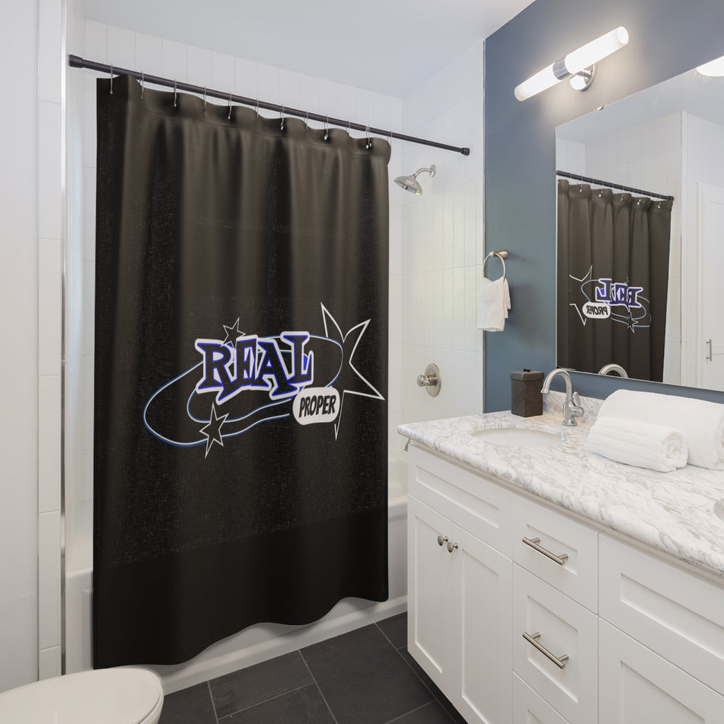 "Real Proper" Graphic Shower Curtain — Retro Star Logo Black Bathroom Decor