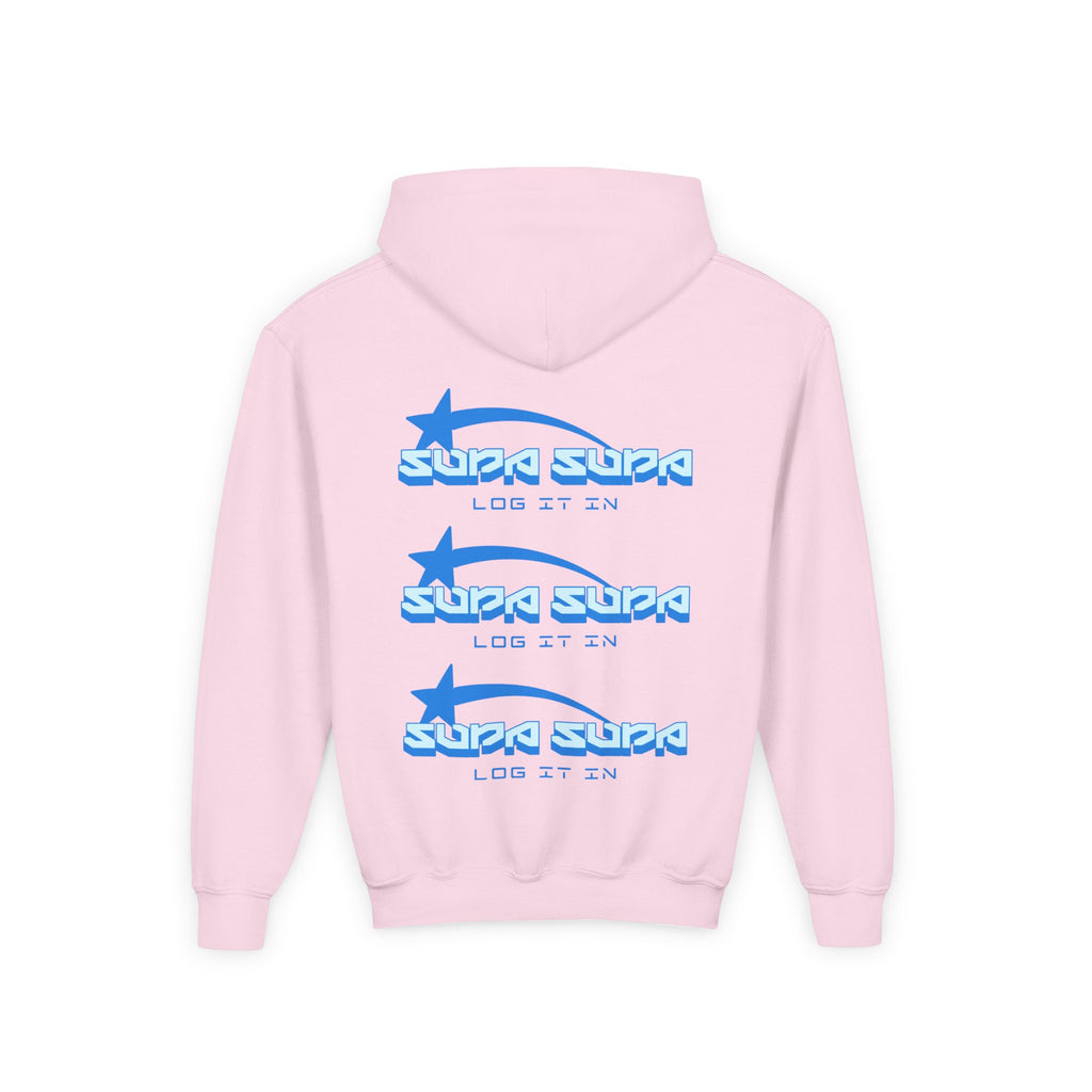 Youth Hoodie - Retro Blue "Supa Supa" Logo "Log It In" Graphic