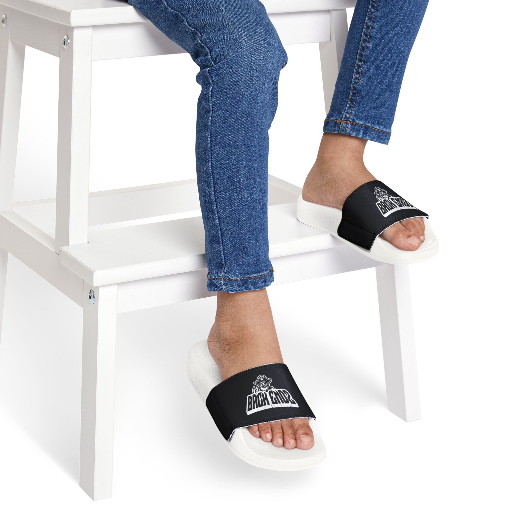 Youth Slide Sandals — Black Strap with 'Bank Endz' Graphic