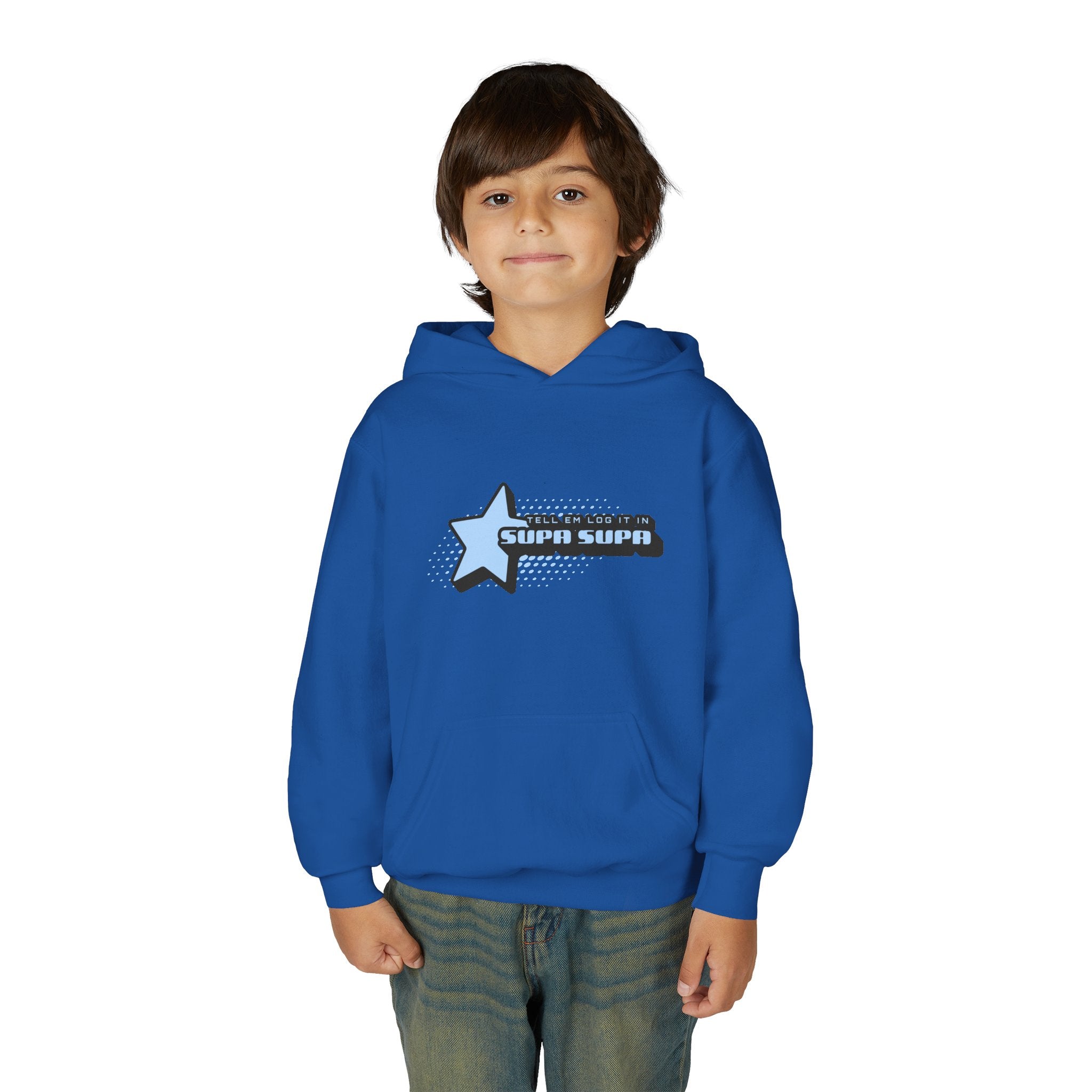 Youth Hoodie — Blue Star "SUPA SUPA" Graphic Pullover