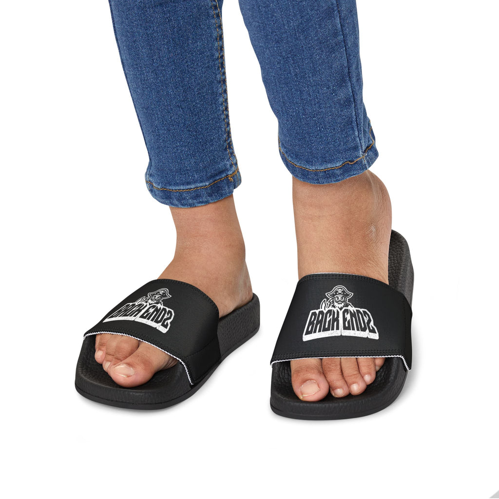 Youth Slide Sandals — Black Strap with 'Bank Endz' Graphic