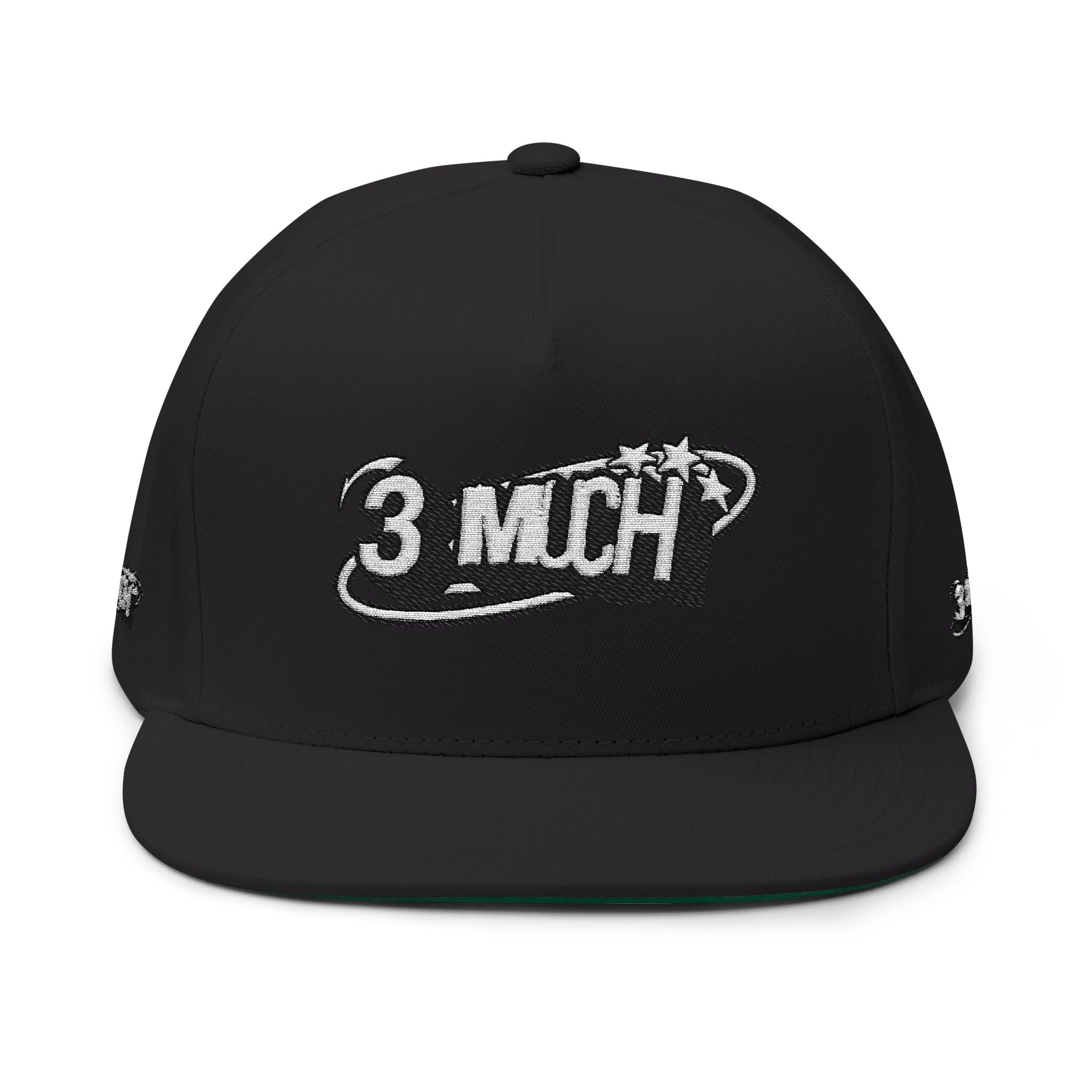 Embroidered Flat Bill Cap — 3 MuCH Retro Logo Snapback