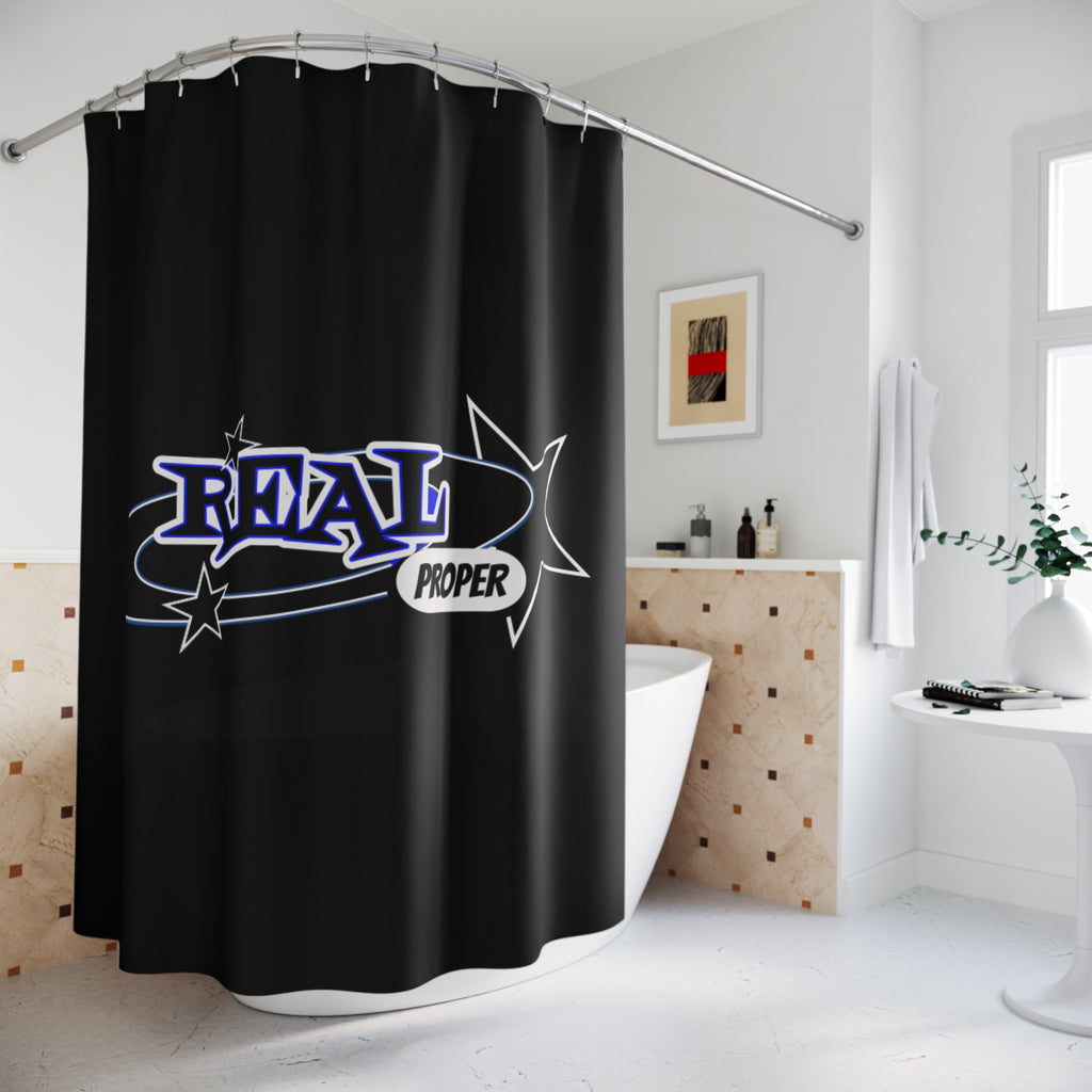 "Real Proper" Graphic Shower Curtain — Retro Star Logo Black Bathroom Decor