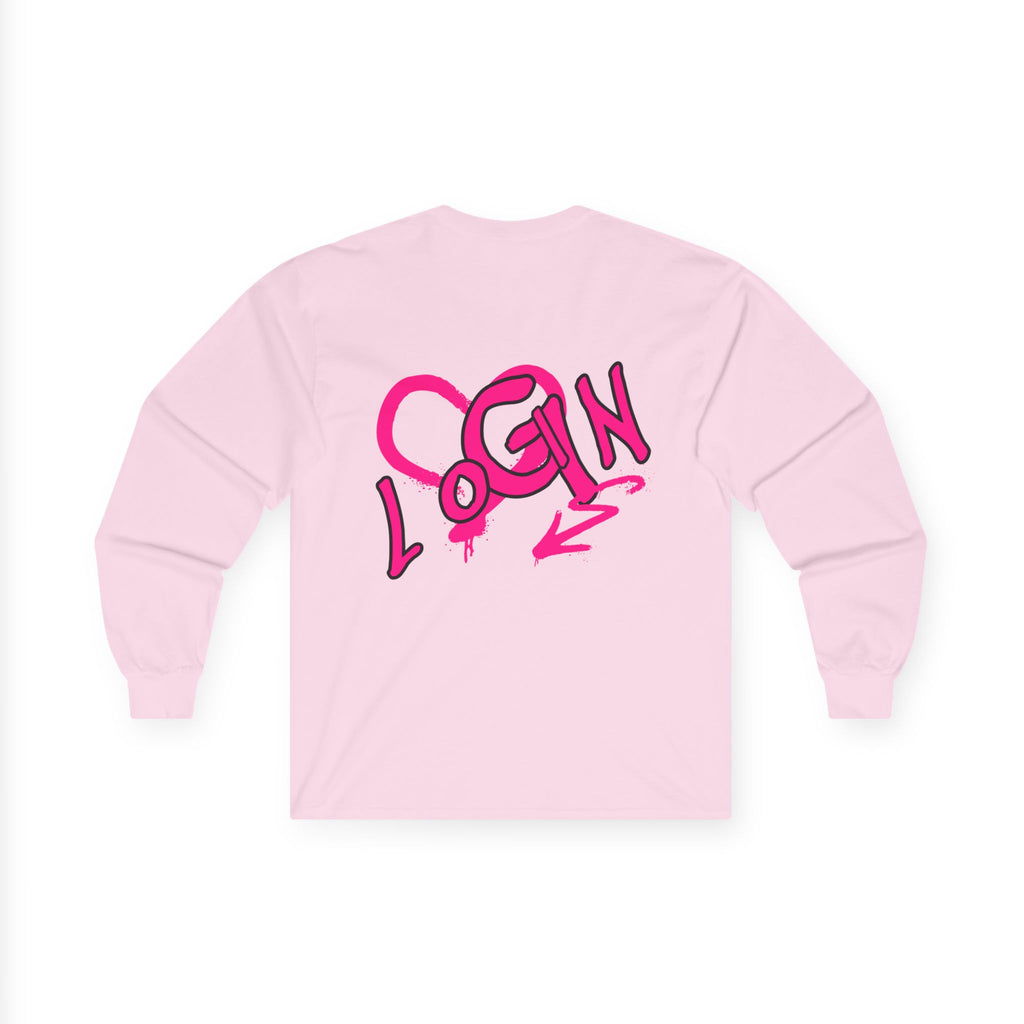 Long Sleeve Tee — Pink Graffiti "LOGIN" Heart Design