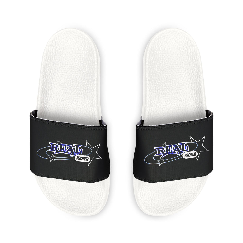 Youth Slide Sandals — Black Removable-Strap Slides with 'Real Proper' Graphic