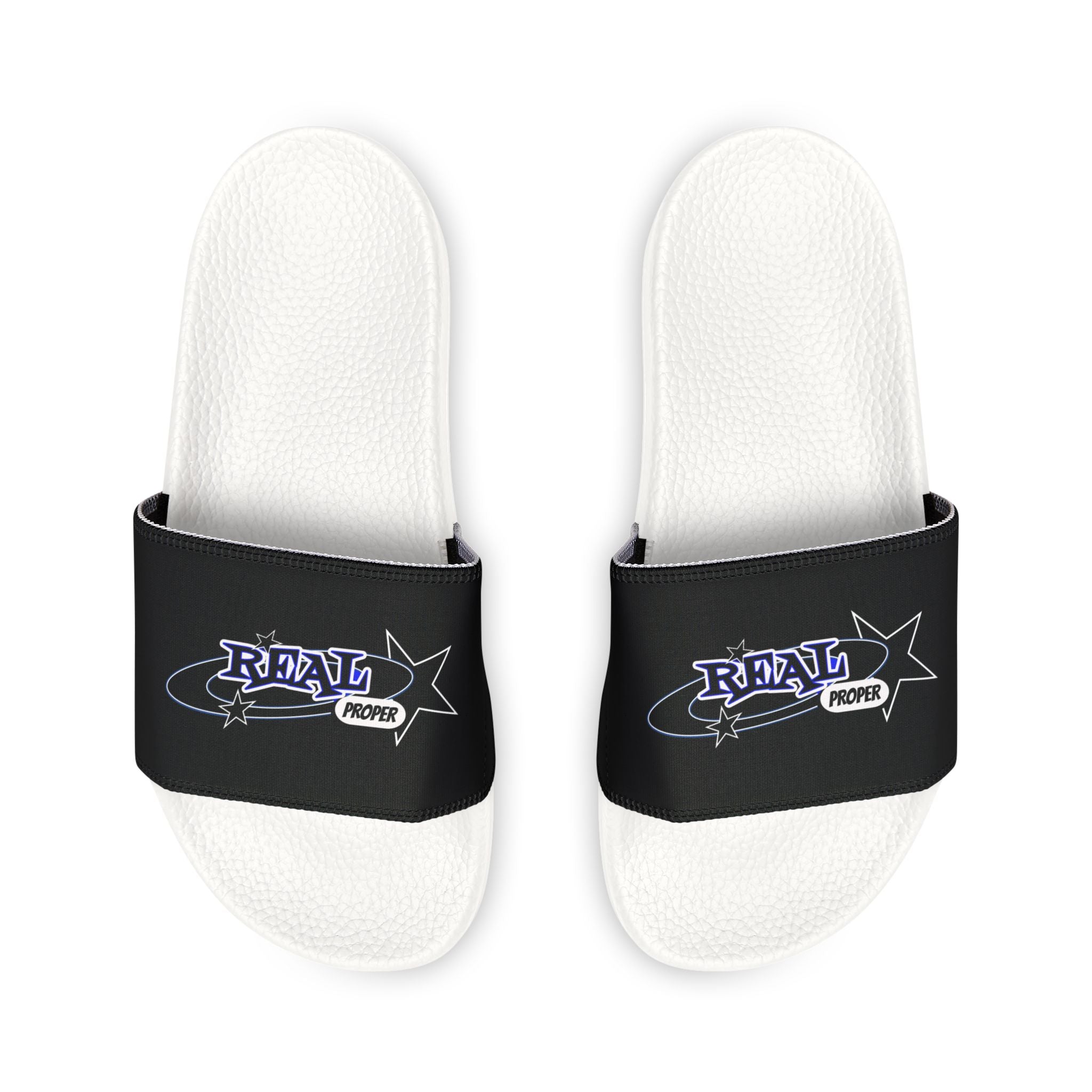 Youth Slide Sandals — Black Removable-Strap Slides with 'Real Proper' Graphic