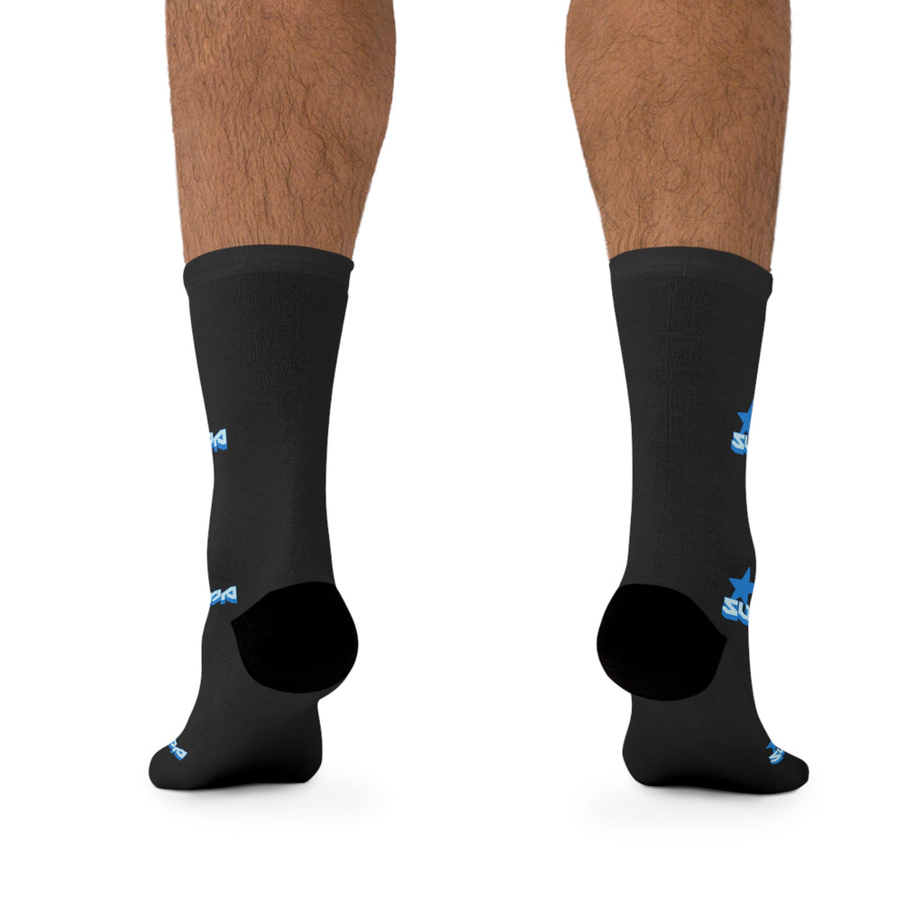 Black Logo Socks — Blue 'Supa Supa' Polyester Socks
