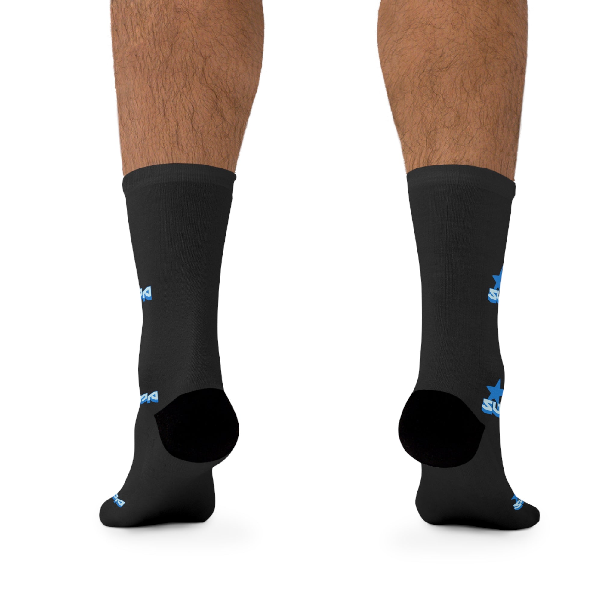 Black Logo Socks — Blue 'Supa Supa' Polyester Socks