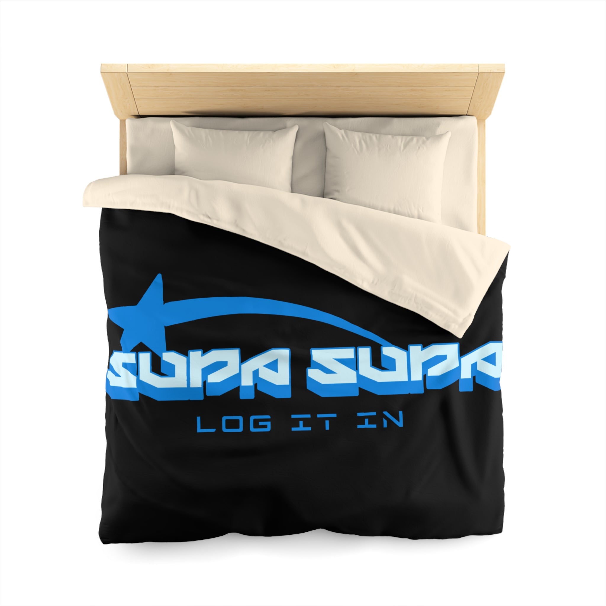 Duvet Cover — Black 'Supa Supa Log It In' Graphic Microfiber Bedding