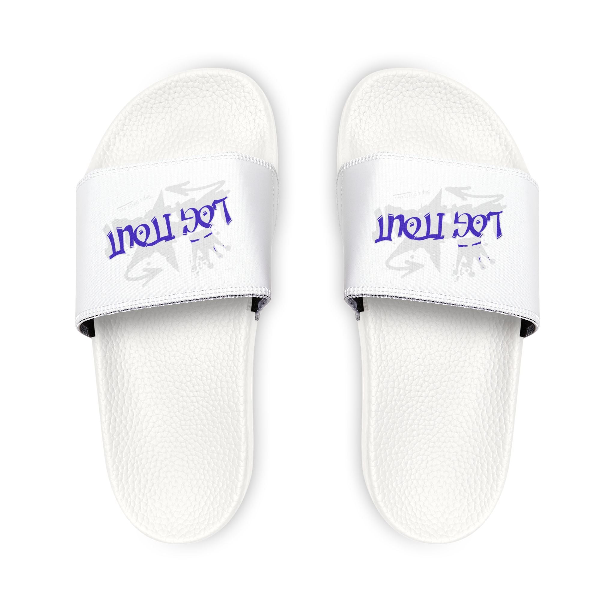 Slide Sandals — White Removable‑Strap Slides with 'Log It Out' Graphic