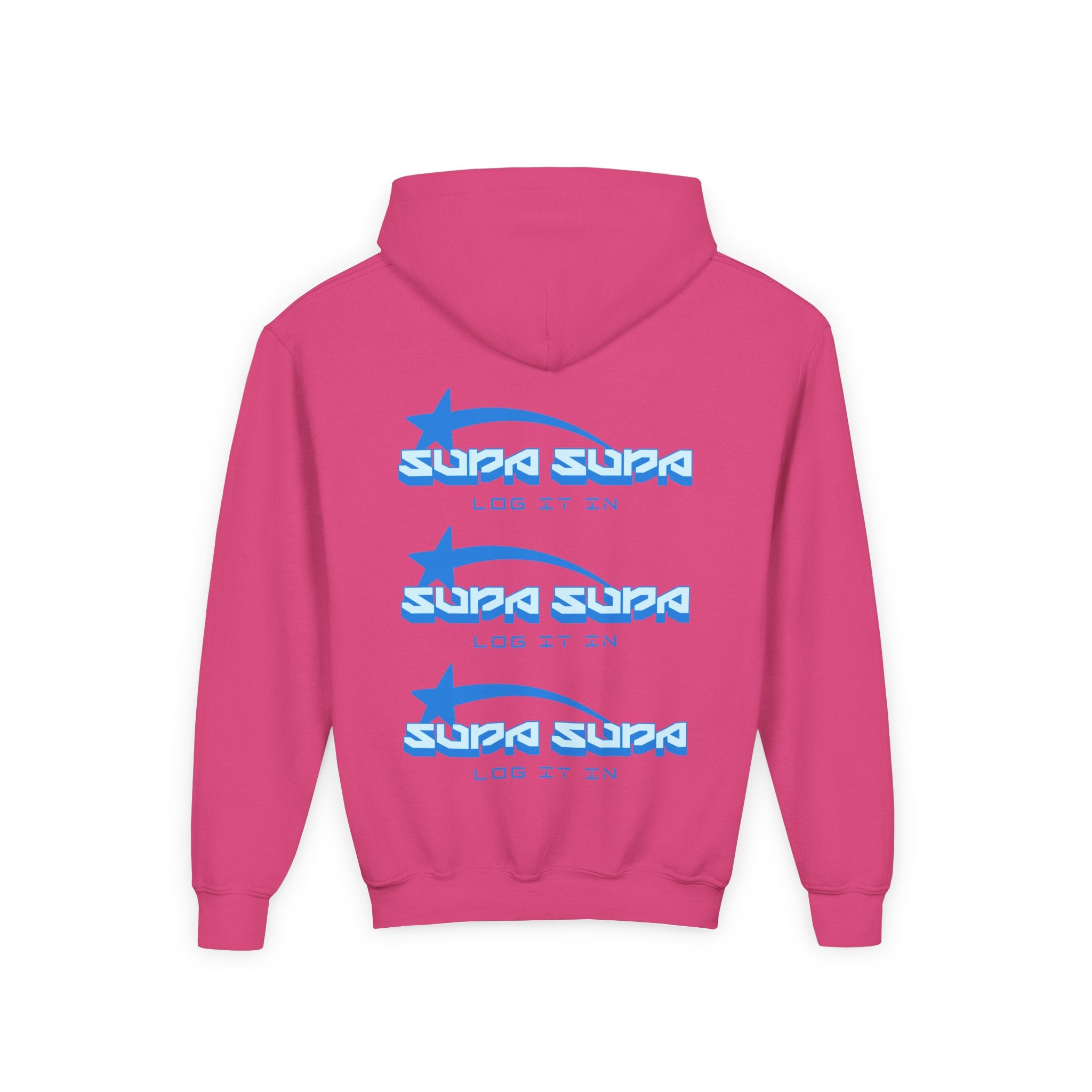 Youth Hoodie - Retro Blue "Supa Supa" Logo "Log It In" Graphic