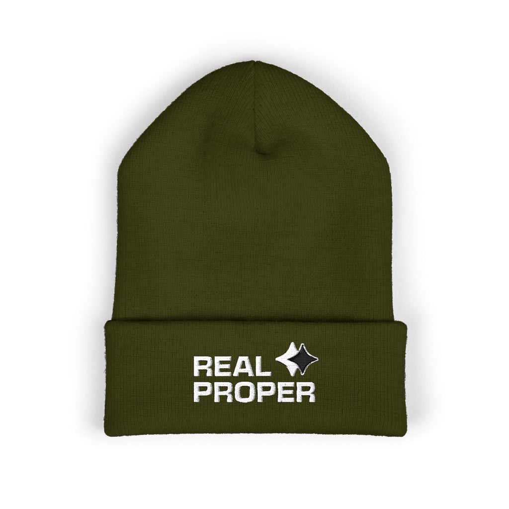 Embroidered 'Real Proper' Cuffed Beanie — Warm Knit Hat for Streetwear & Gifts