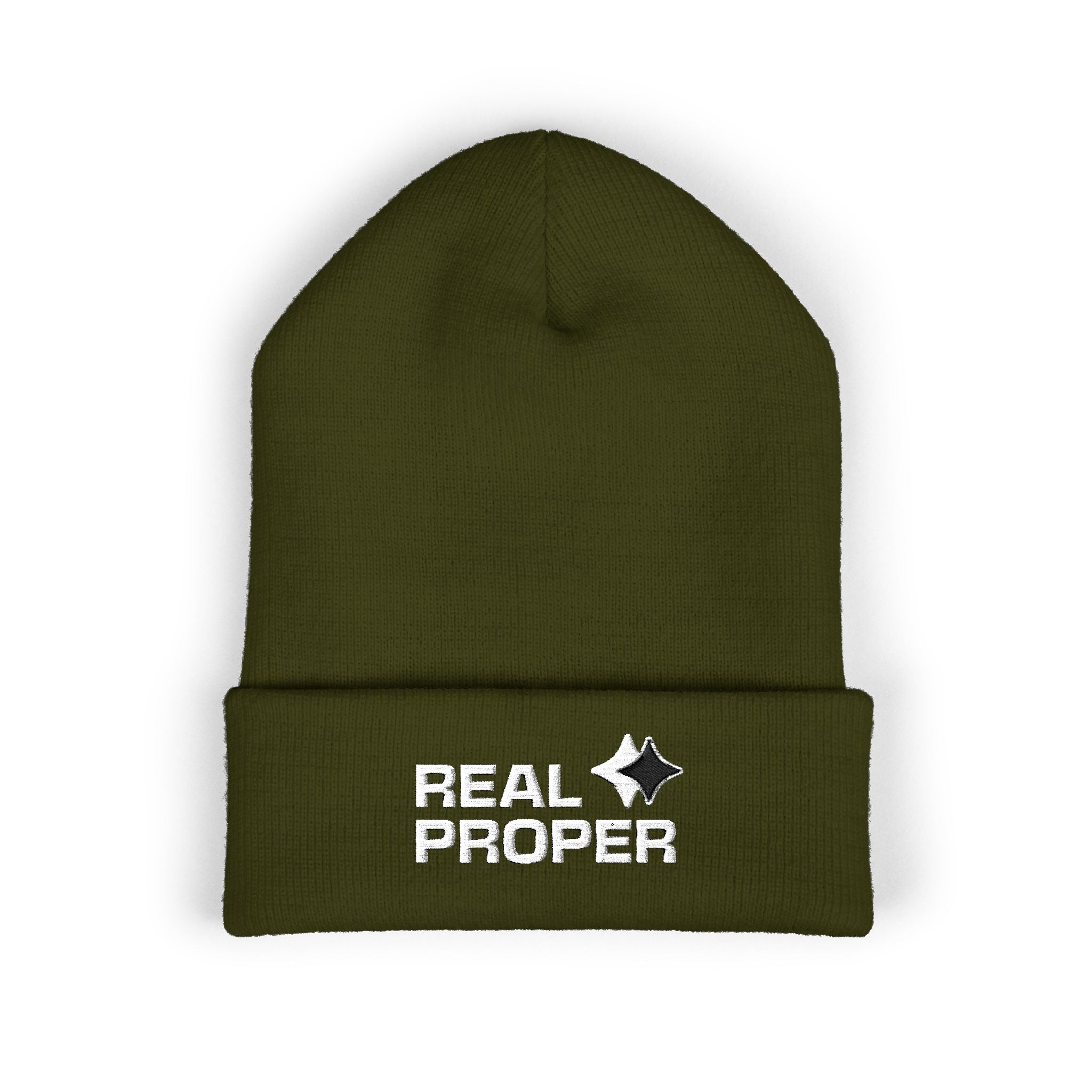 Embroidered 'Real Proper' Cuffed Beanie — Warm Knit Hat for Streetwear & Gifts