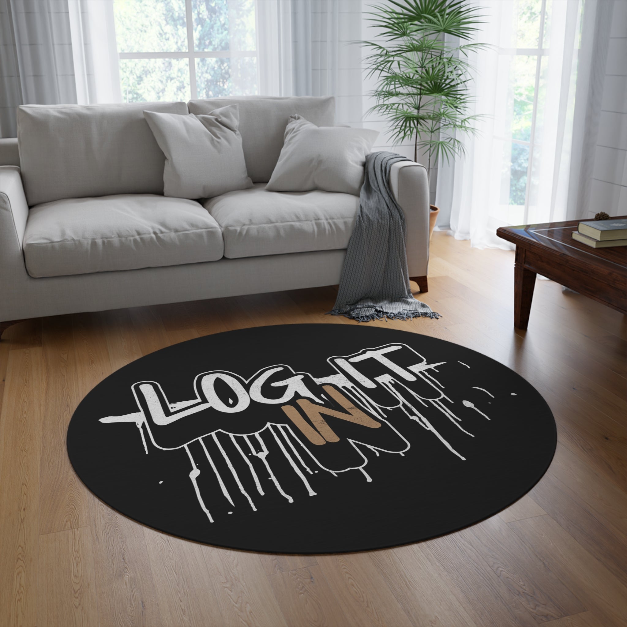 Round Rug — “Log In/Log Out” Graffiti Style Black Round Rug