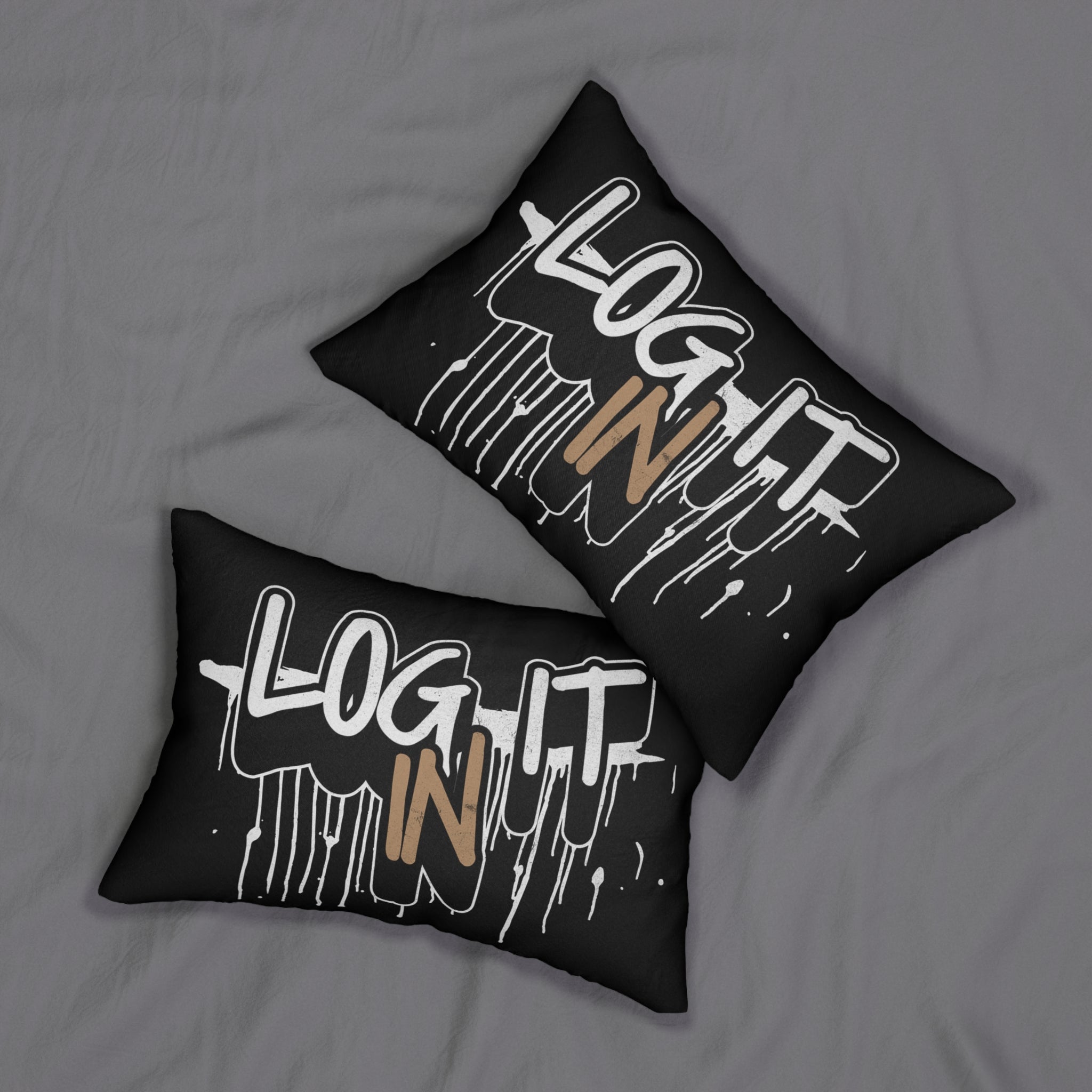 Log It In Lumbar Pillow — Graffiti-Style Black Decorative Cushion