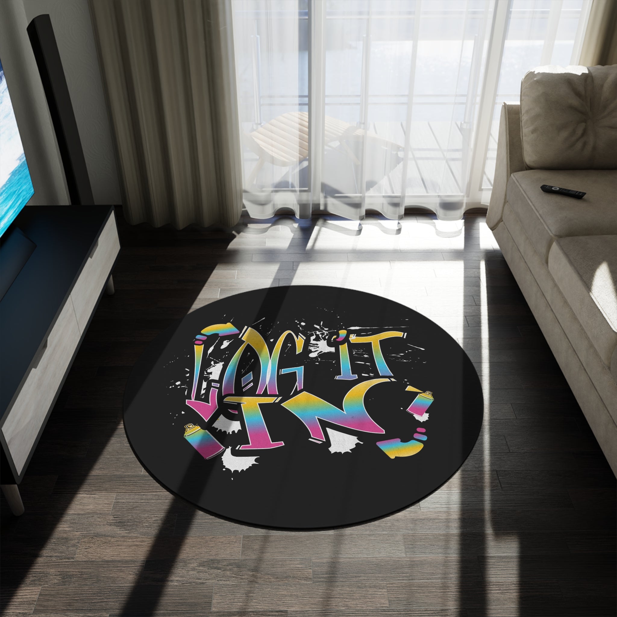 Round Rug — "Log It In!" Colorful Graffiti Rug