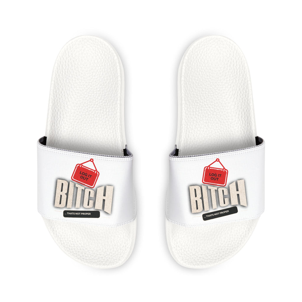 Mens Slide Sandals — White ‘Log it out’ Bold Graphic Strap Slides