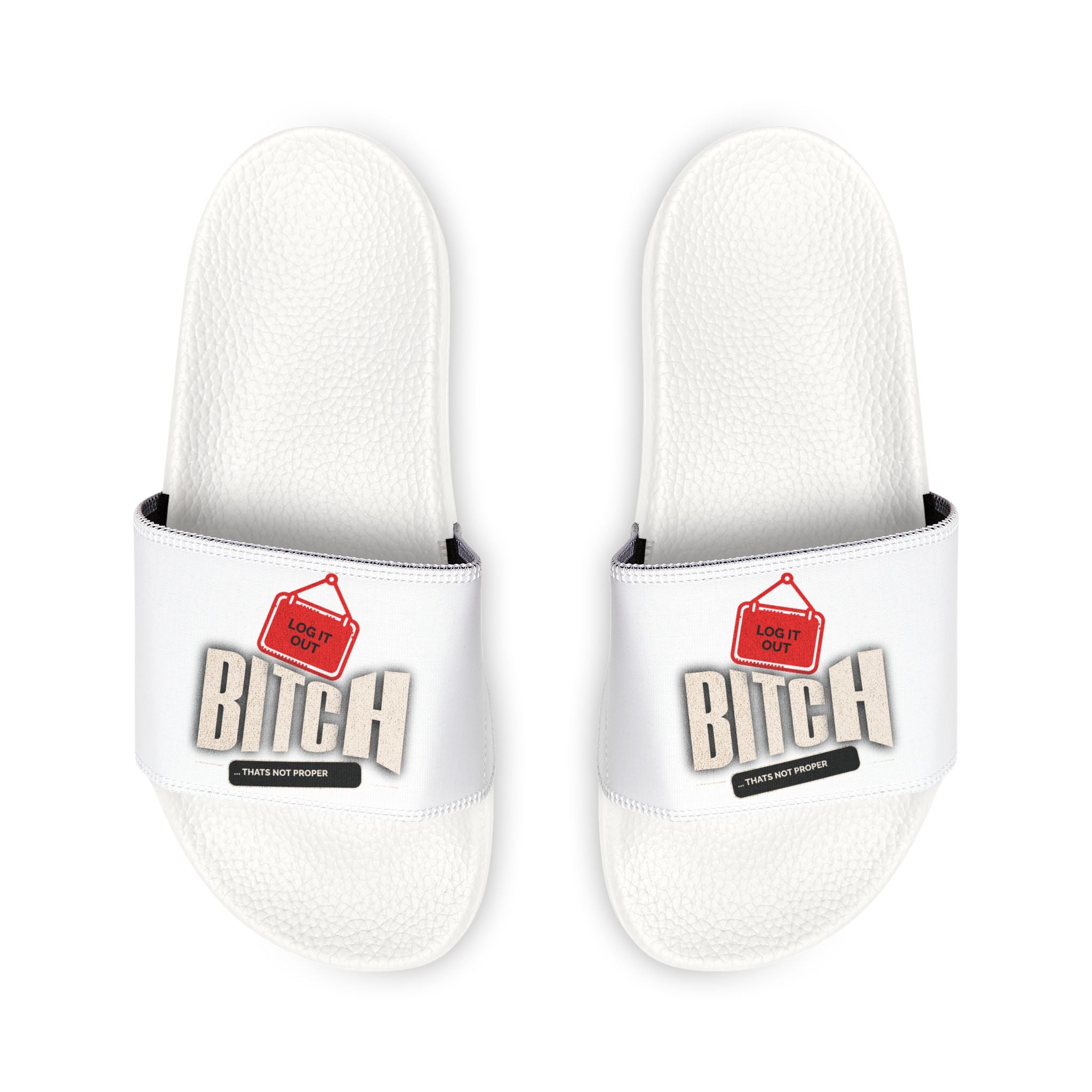Mens Slide Sandals — White ‘Log it out’ Bold Graphic Strap Slides