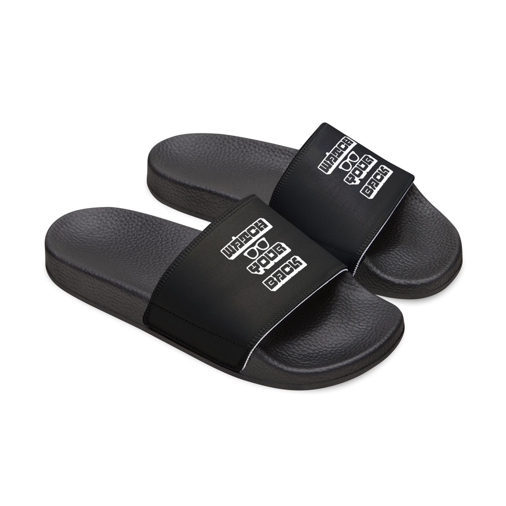 Mens Slide Sandals — Black Strap Slides with Retro "Watch your back" Logo