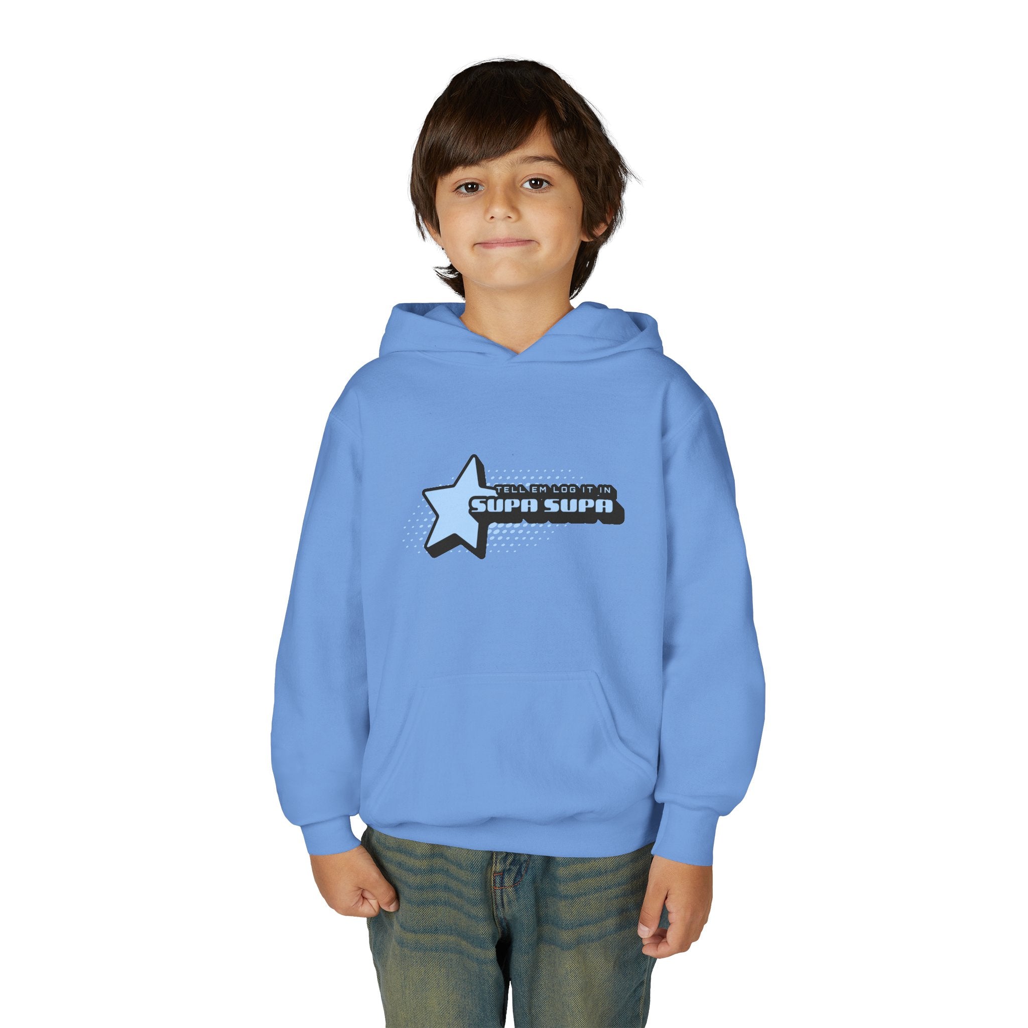 Youth Hoodie — Blue Star "SUPA SUPA" Graphic Pullover