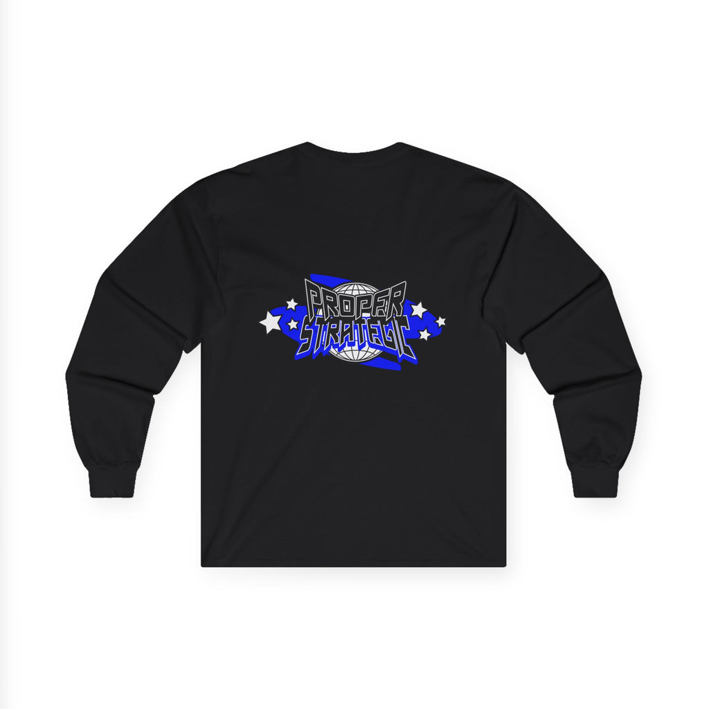 Proper Strategic Long Sleeve Tee — Retro Blue Graphic Shirt for Gamers & Strategists