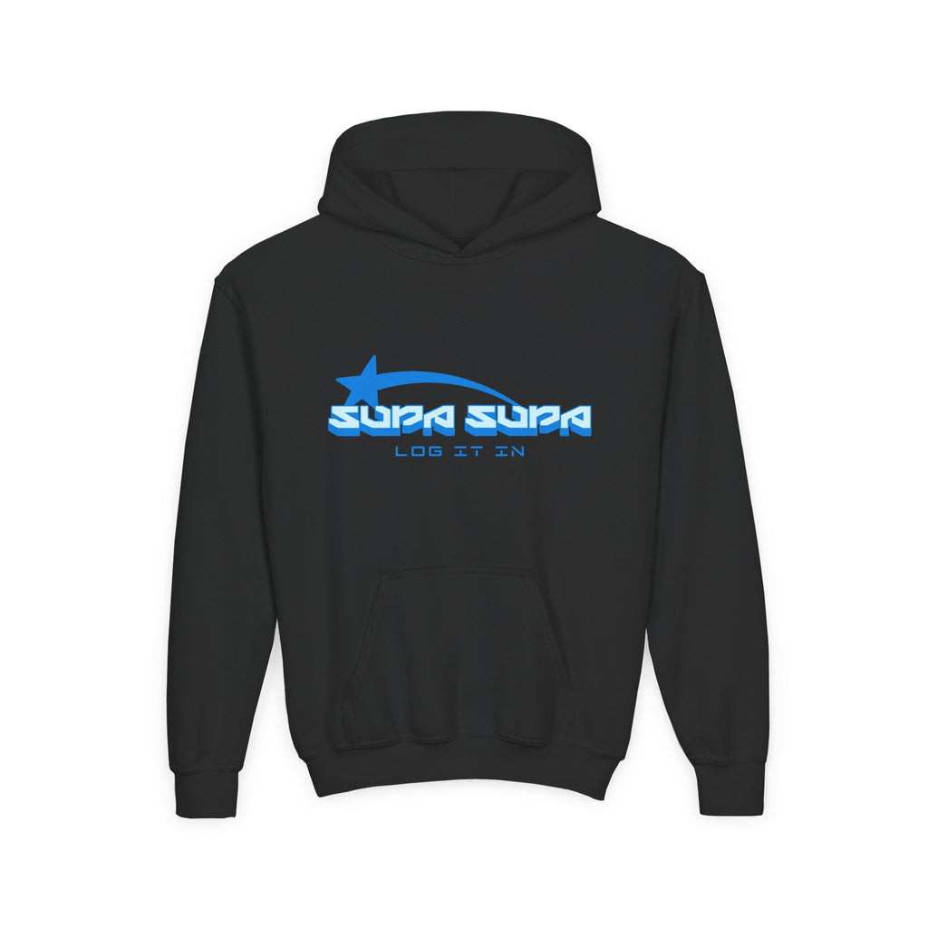 Youth Hoodie - Retro Blue "Supa Supa" Logo "Log It In" Graphic