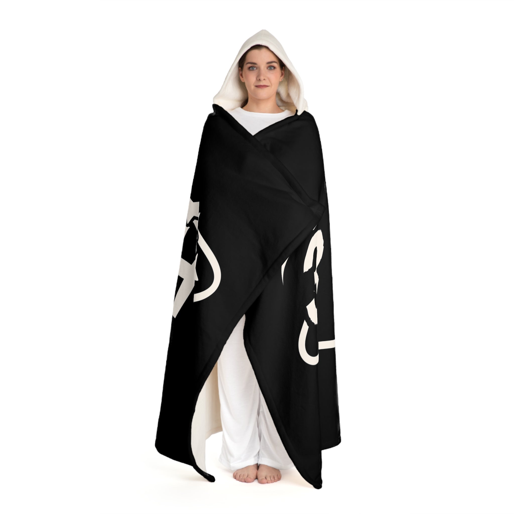 "3 Much" Hooded Sherpa Blanket – Cozy Black & Cream Fleece Throw with Hood