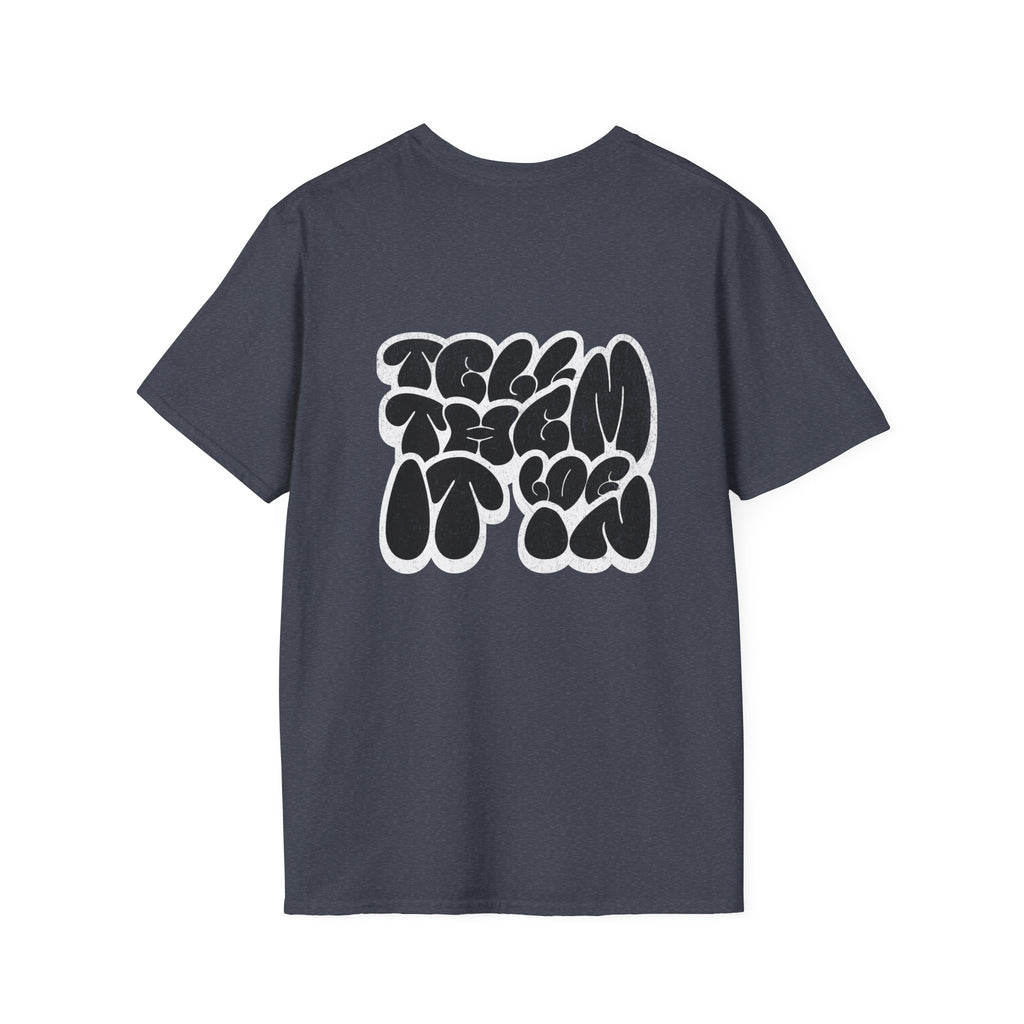 Abstract Bubble Letter Graphic "LOG IT IN" T-Shirt — Vintage Black Text Design