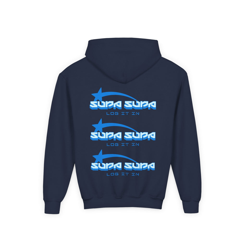 Youth Hoodie - Retro Blue "Supa Supa" Logo "Log It In" Graphic