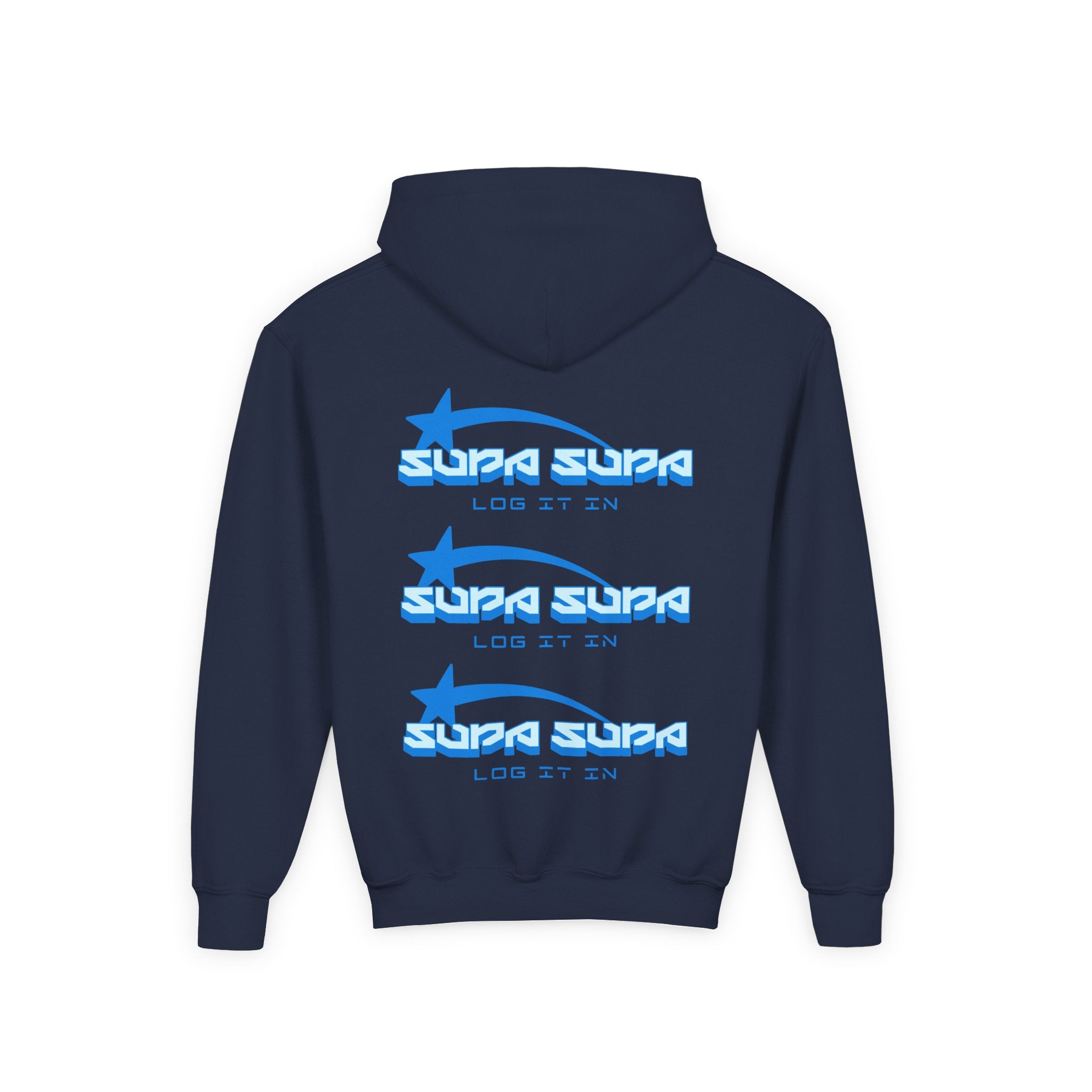 Youth Hoodie - Retro Blue "Supa Supa" Logo "Log It In" Graphic