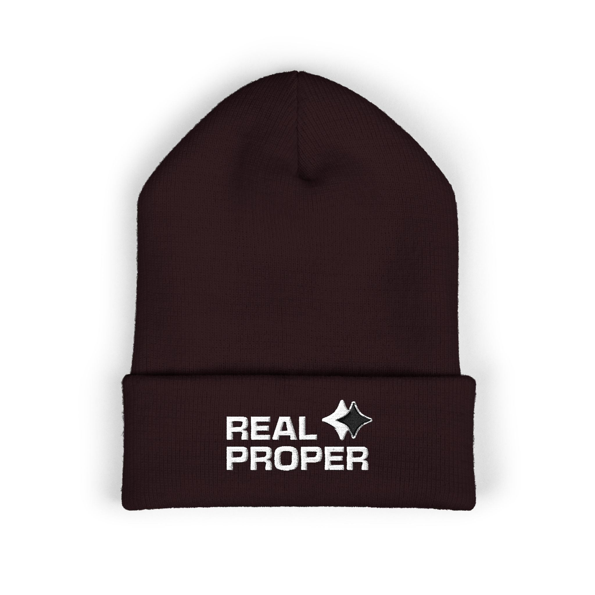 Embroidered 'Real Proper' Cuffed Beanie — Warm Knit Hat for Streetwear & Gifts