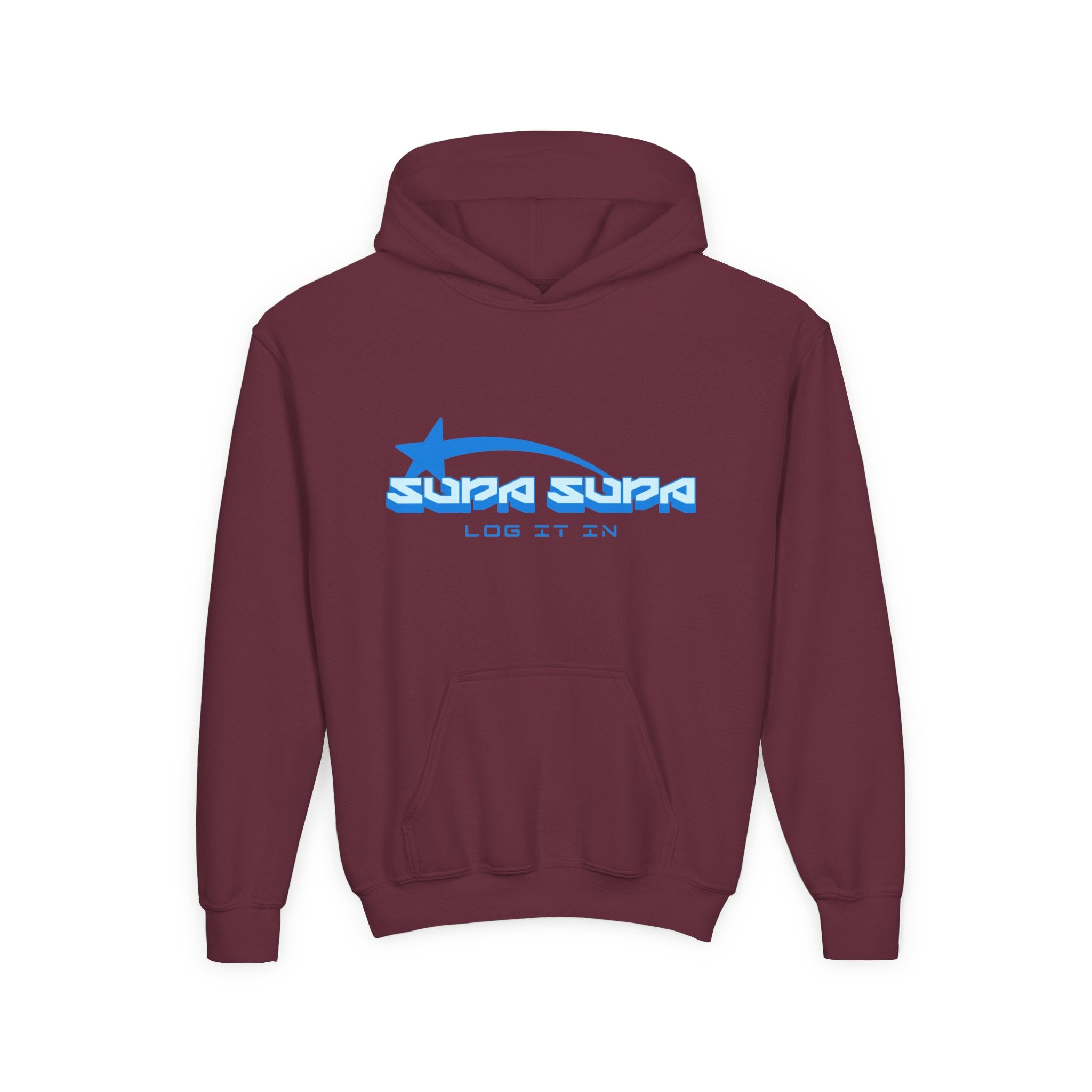 Youth Hoodie - Retro Blue "Supa Supa" Logo "Log It In" Graphic