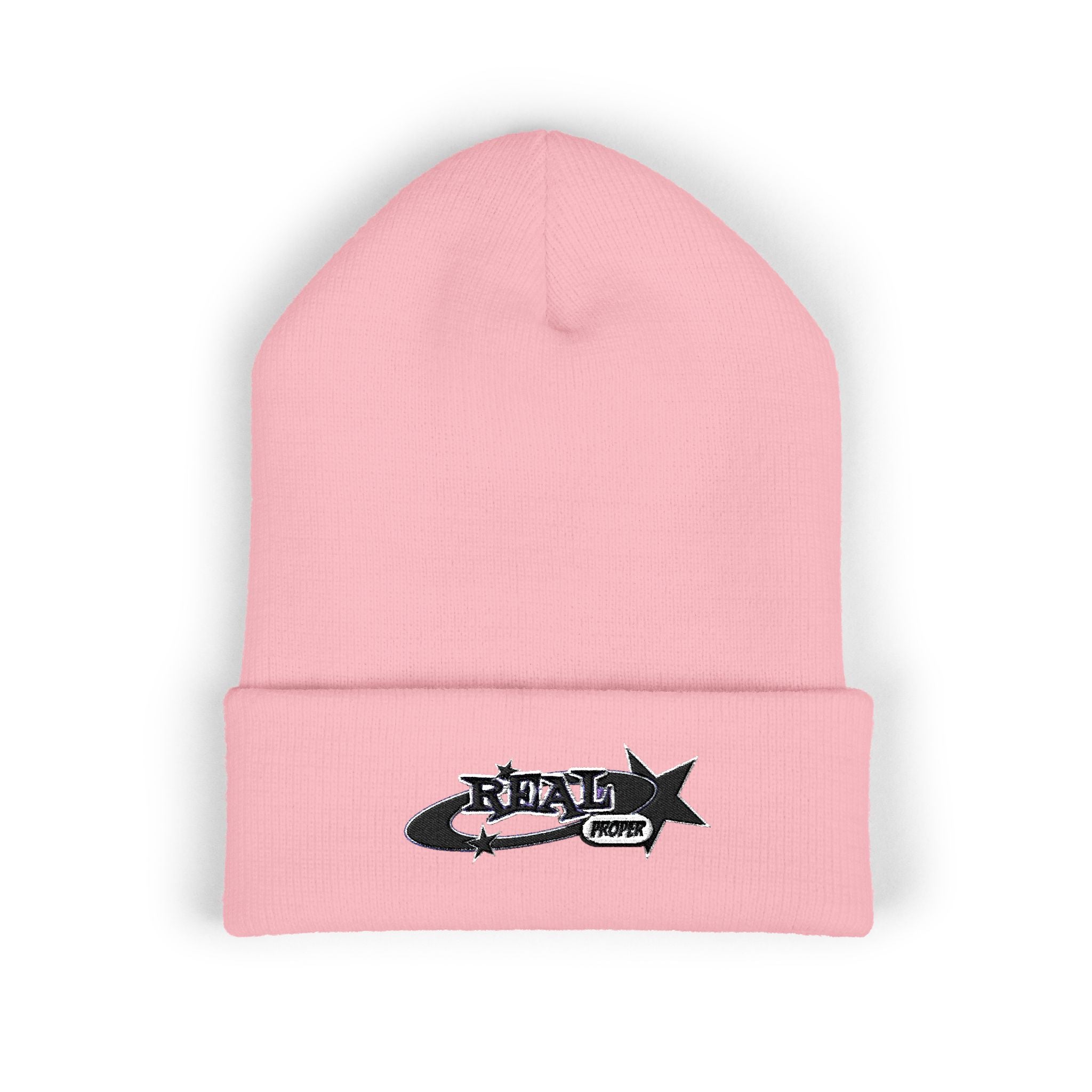 Embroidered 'Real Properl' Star Cuffed Beanie — Classic Winter Knit Hat