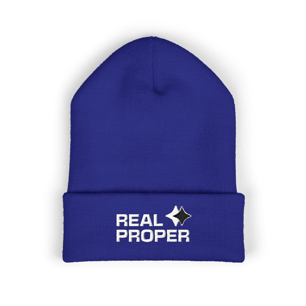 Embroidered 'Real Proper' Cuffed Beanie — Warm Knit Hat for Streetwear & Gifts