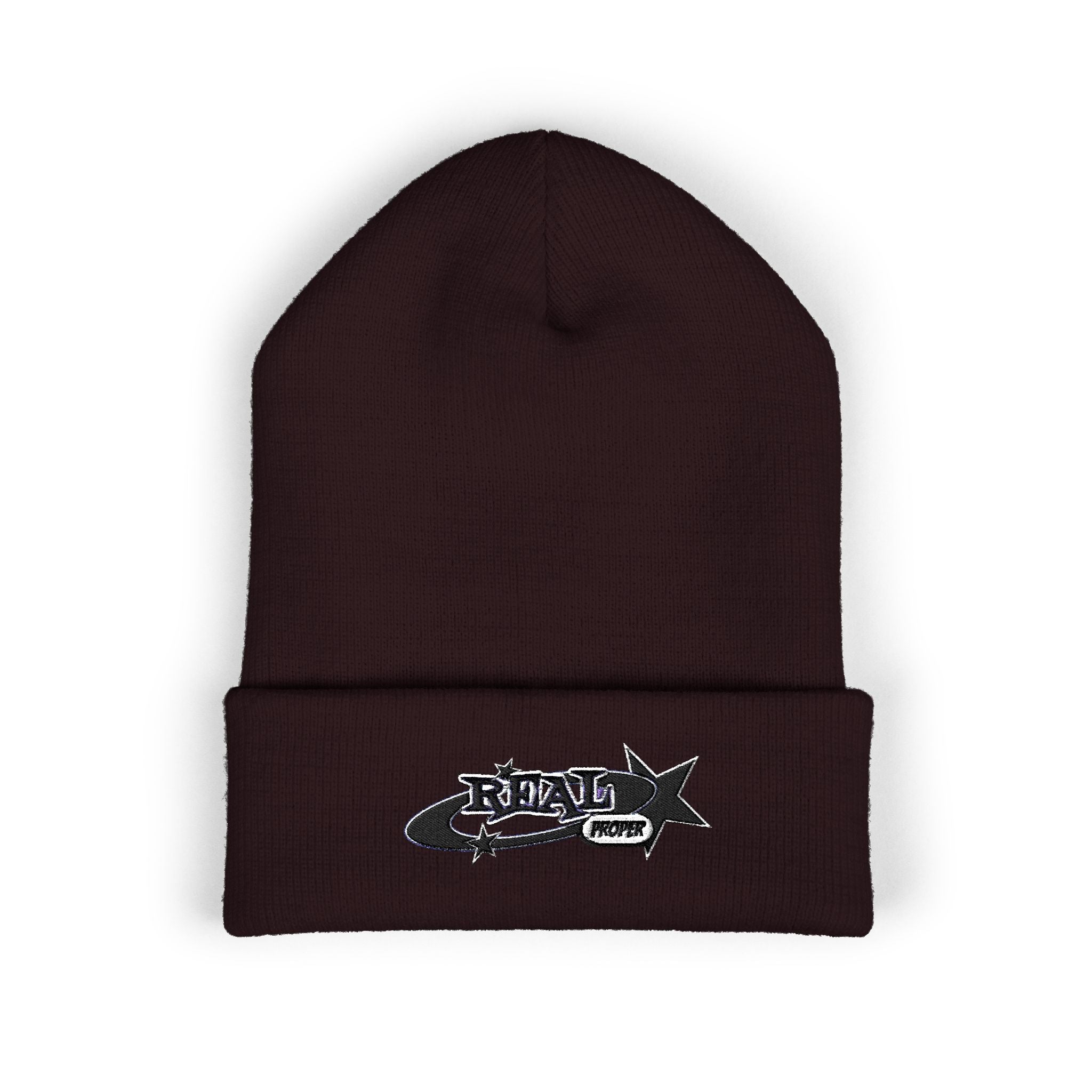 Embroidered 'Real Properl' Star Cuffed Beanie — Classic Winter Knit Hat