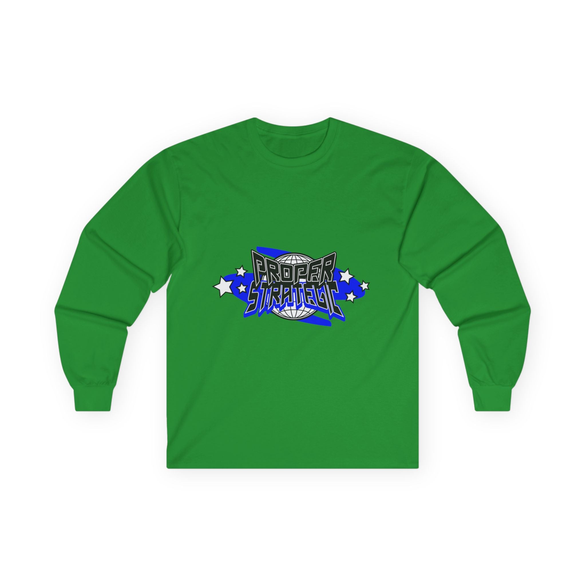 Proper Strategic Long Sleeve Tee — Retro Blue Graphic Shirt for Gamers & Strategists
