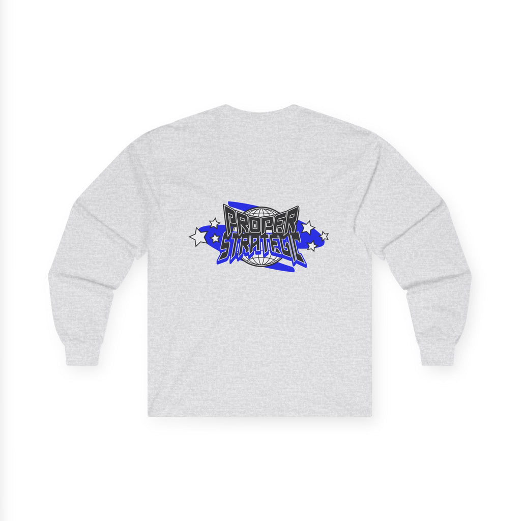 Proper Strategic Long Sleeve Tee — Retro Blue Graphic Shirt for Gamers & Strategists