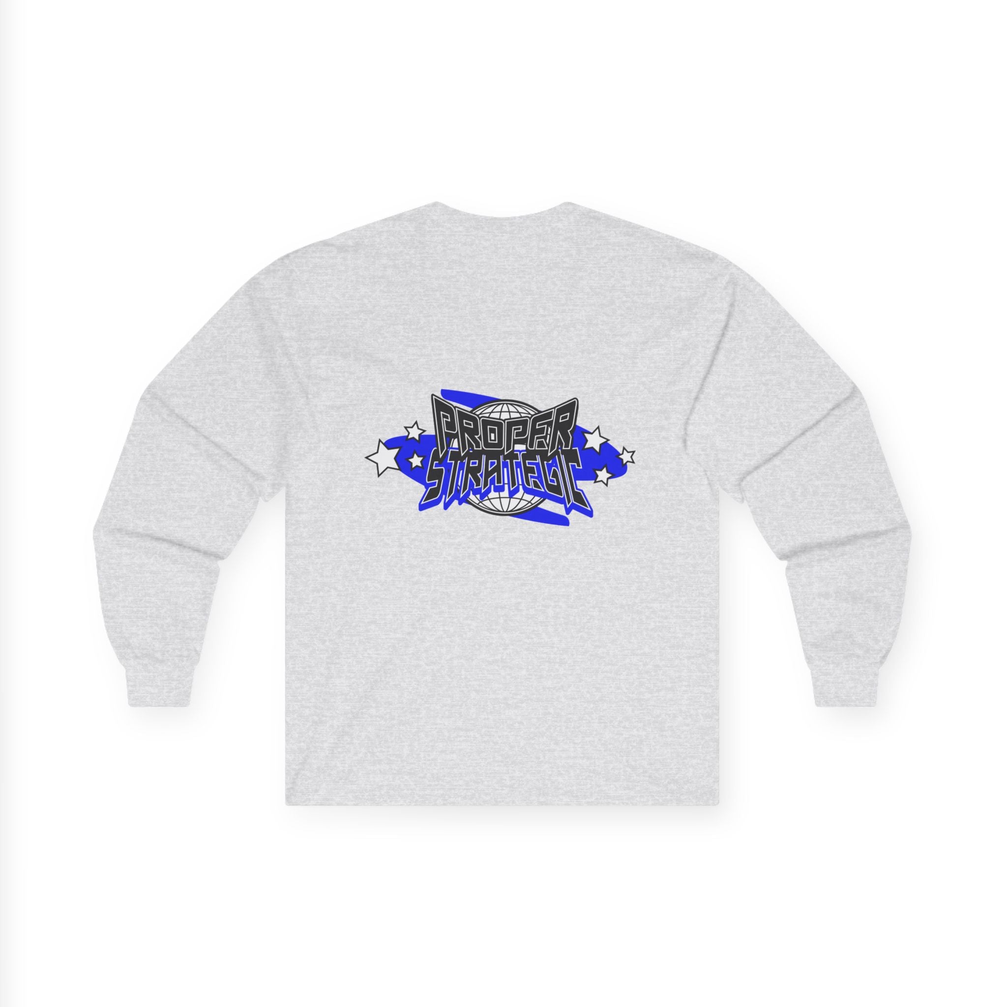 Proper Strategic Long Sleeve Tee — Retro Blue Graphic Shirt for Gamers & Strategists