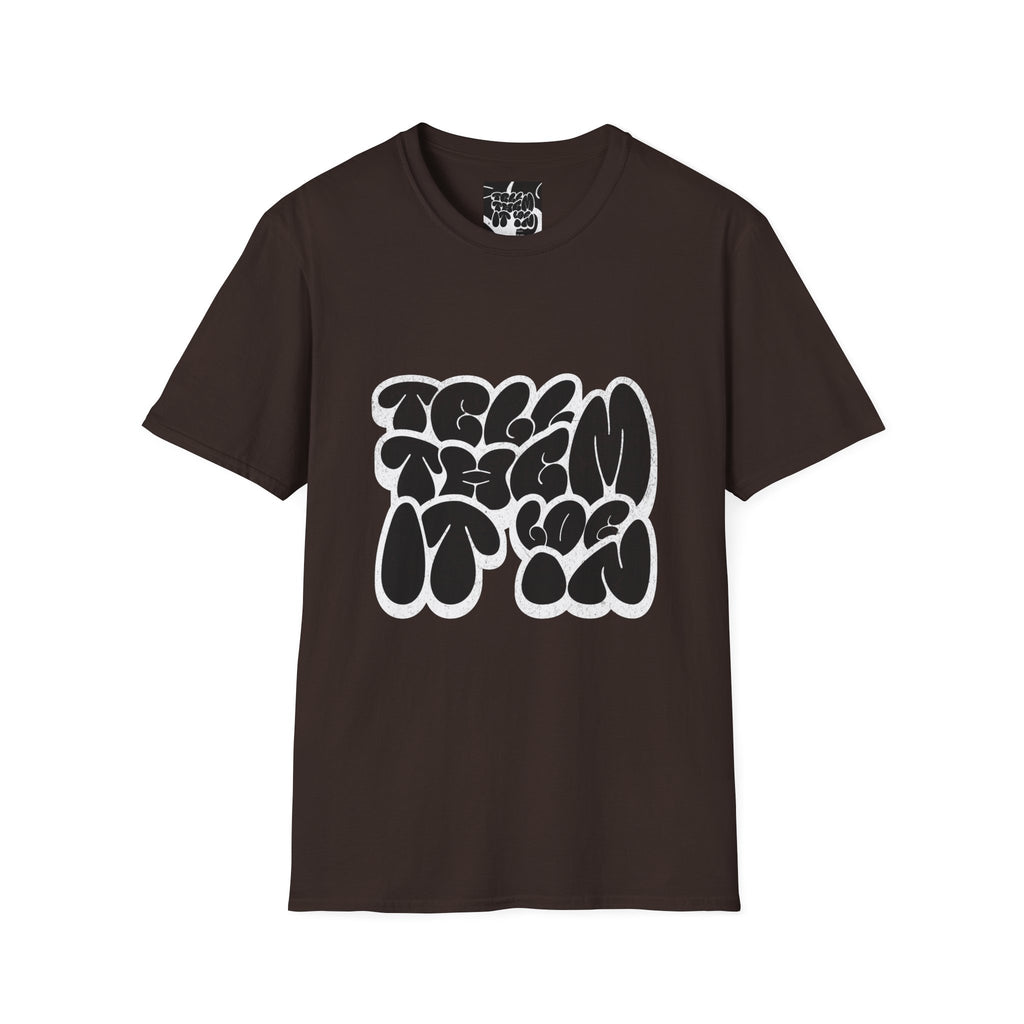 Abstract Bubble Letter Graphic "LOG IT IN" T-Shirt — Vintage Black Text Design