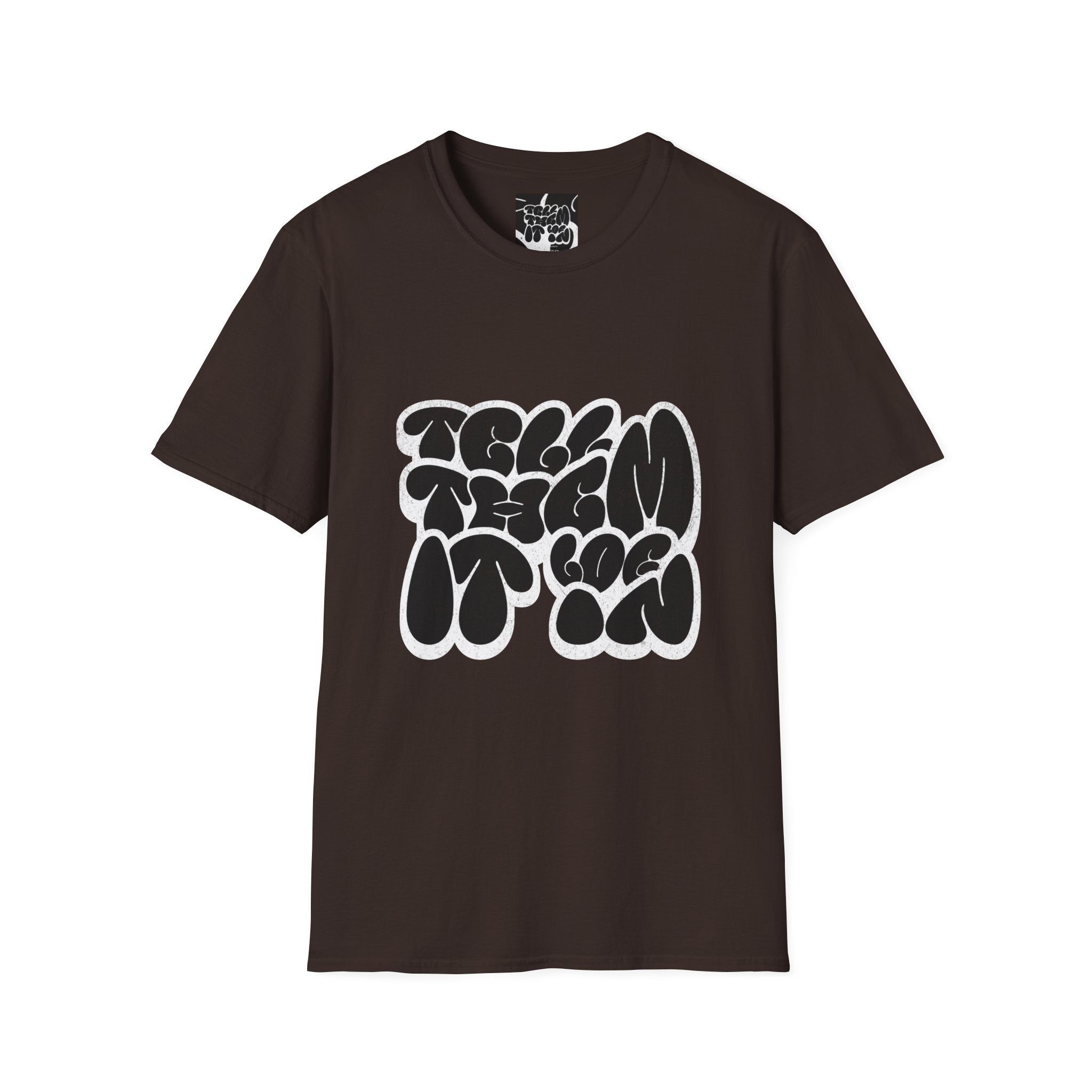 Abstract Bubble Letter Graphic "LOG IT IN" T-Shirt — Vintage Black Text Design