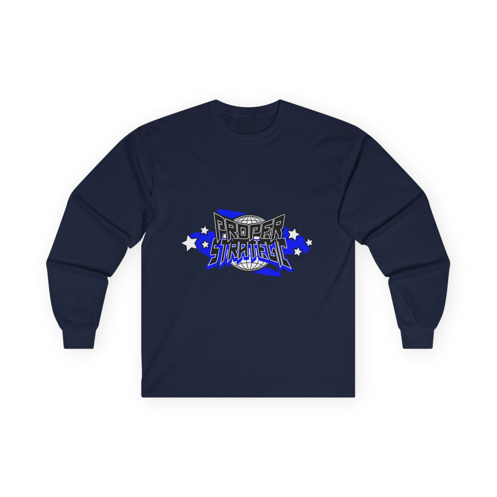 Proper Strategic Long Sleeve Tee — Retro Blue Graphic Shirt for Gamers & Strategists