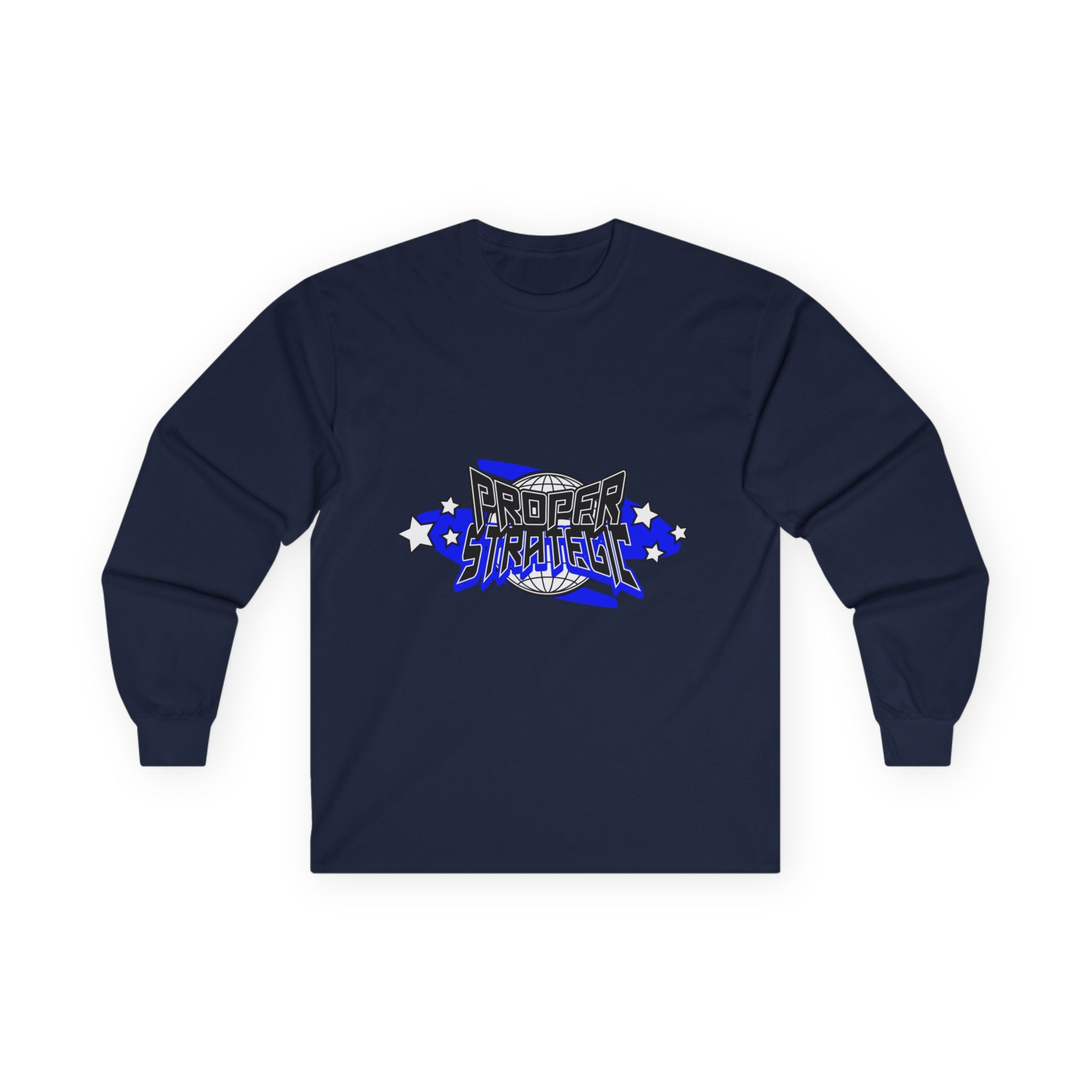 Proper Strategic Long Sleeve Tee — Retro Blue Graphic Shirt for Gamers & Strategists
