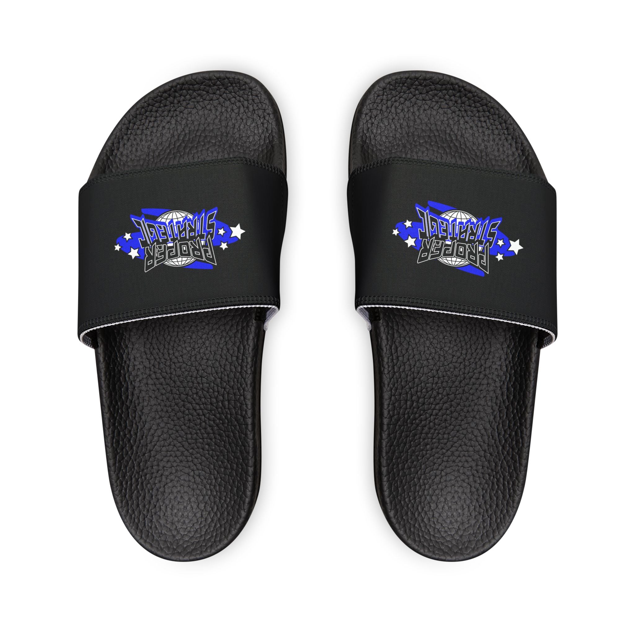 Women’s Black Strap Slides with 'Strategic' Graphic – Removable Strap Sandals