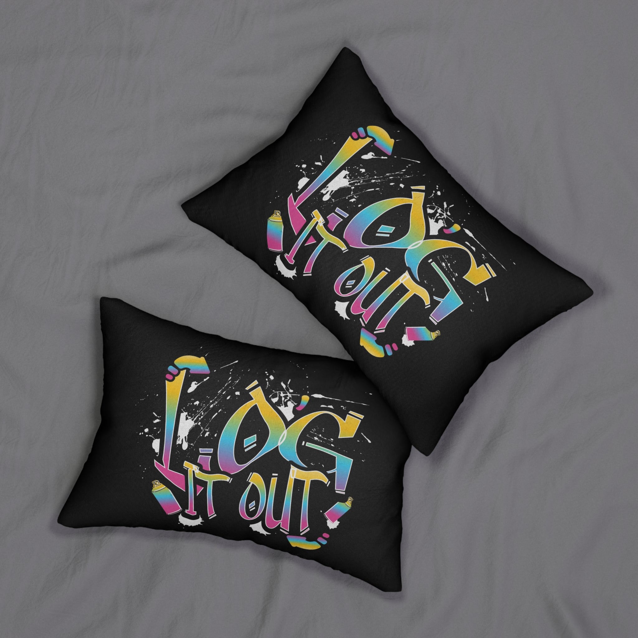 Lumbar Pillow — "Log It Out" Colorful Graffiti Typography (Spun Polyester)