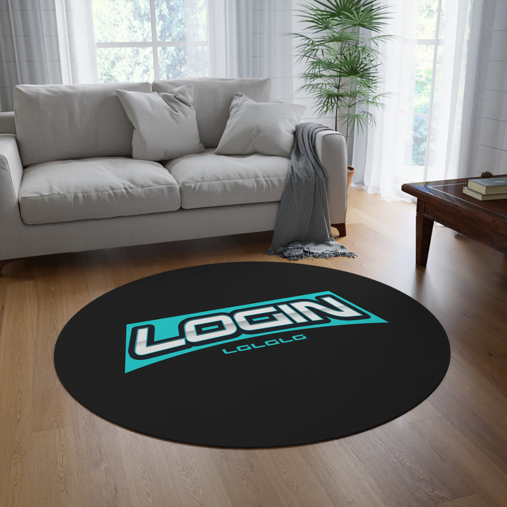 Round Rug — 'LOGIN' Gamer Logo Round Floor Mat, Teal & Black Gaming Room Accent